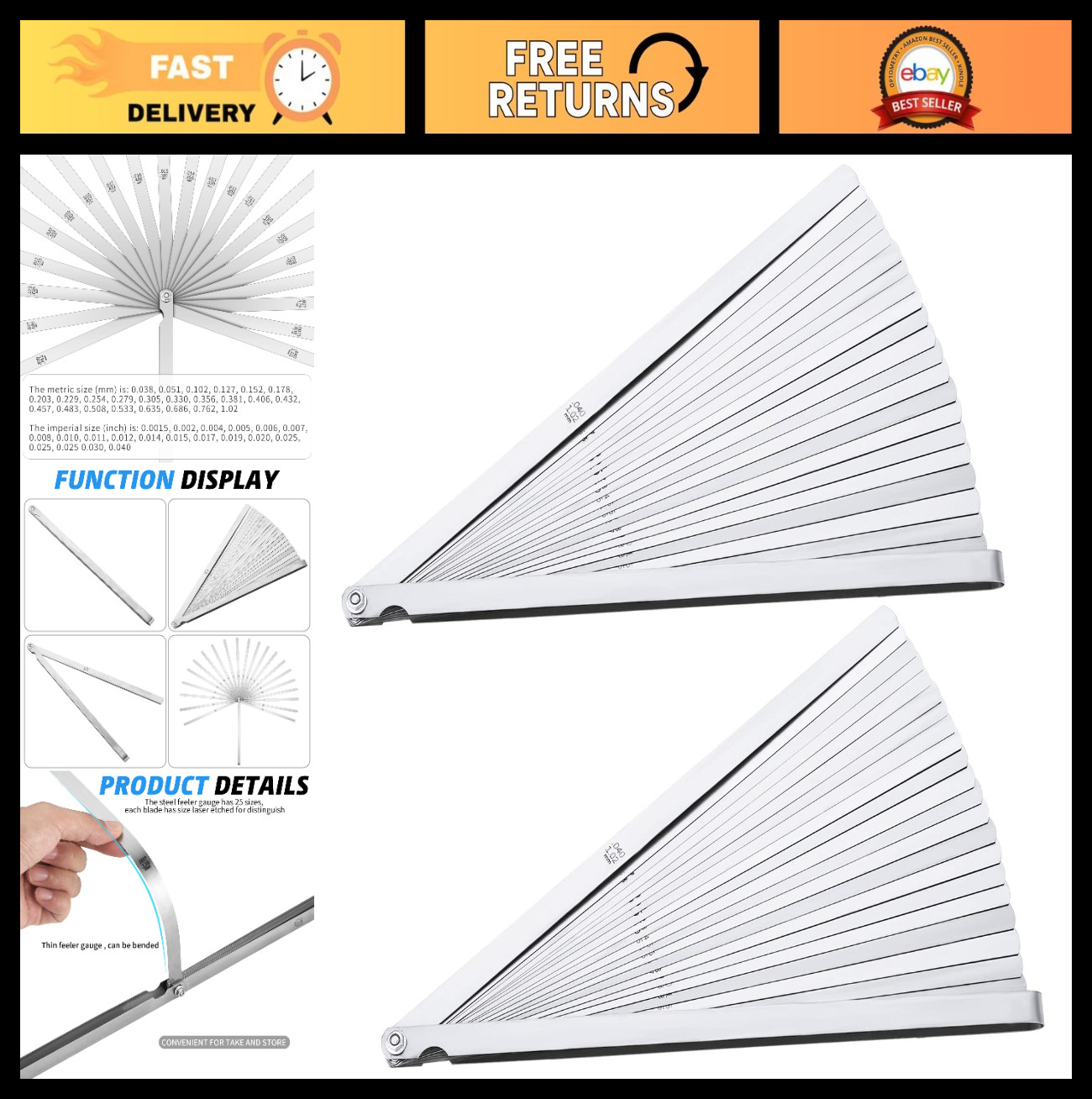 25 Blade Feeler Gauge Set 0.038-1.02mm, Stainless Steel Dual Marked Tool for Pre