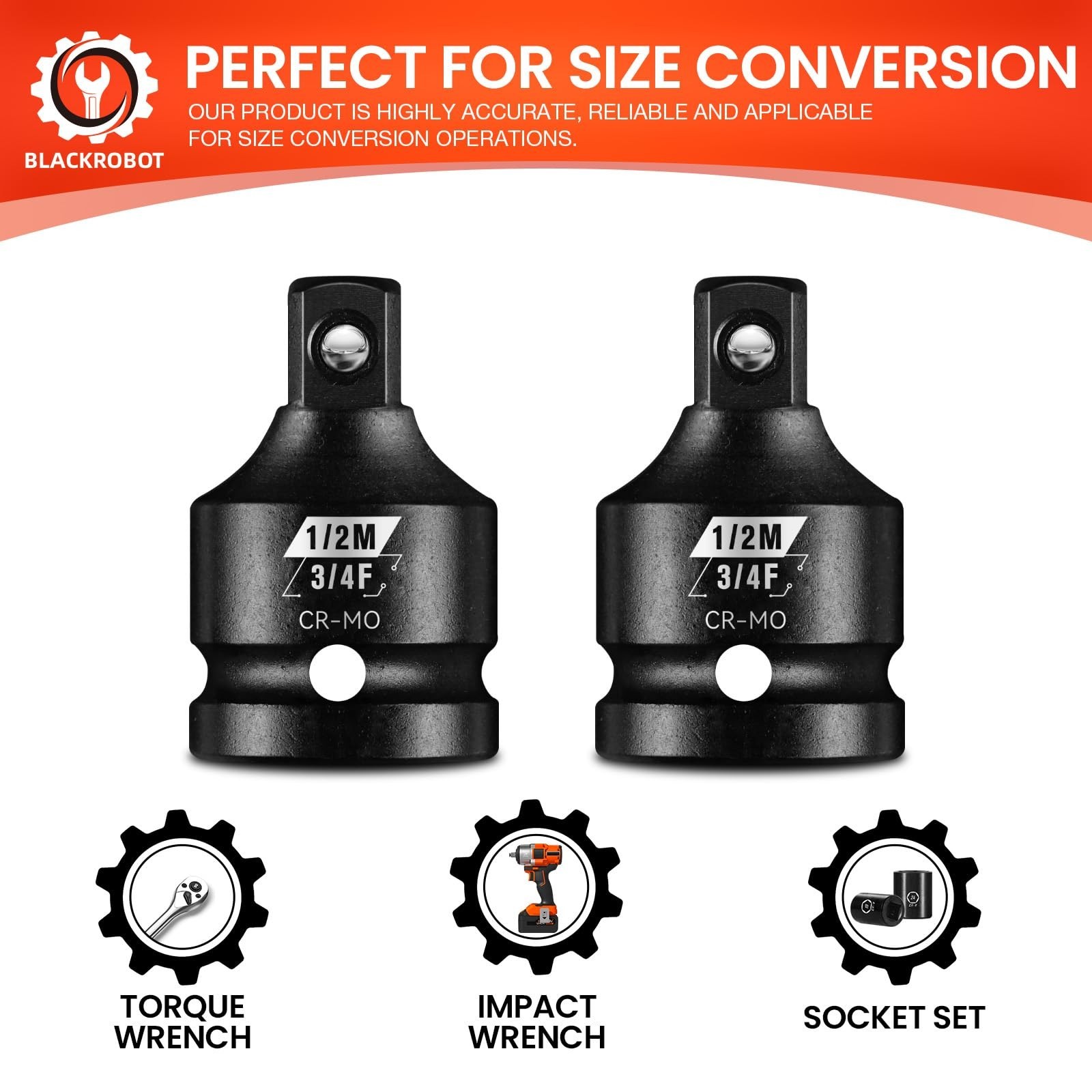 2 Pcs 3/4″ F to 1/2″ M Impact Socket Adapter Set, Cr-Mo Steel, SAE Drive Reducer