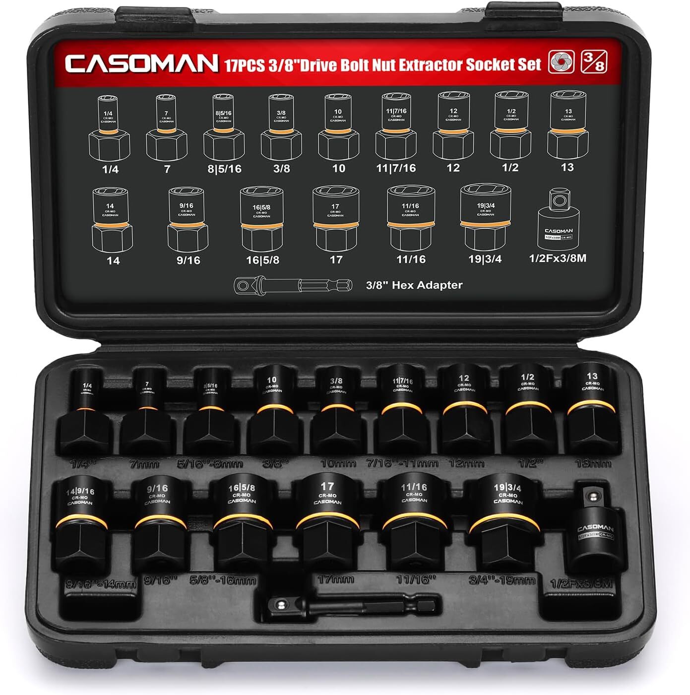 17 PCS 3/8″ Drive Impact Bolt and Nut Extractor Socket Set for Removing Damaged