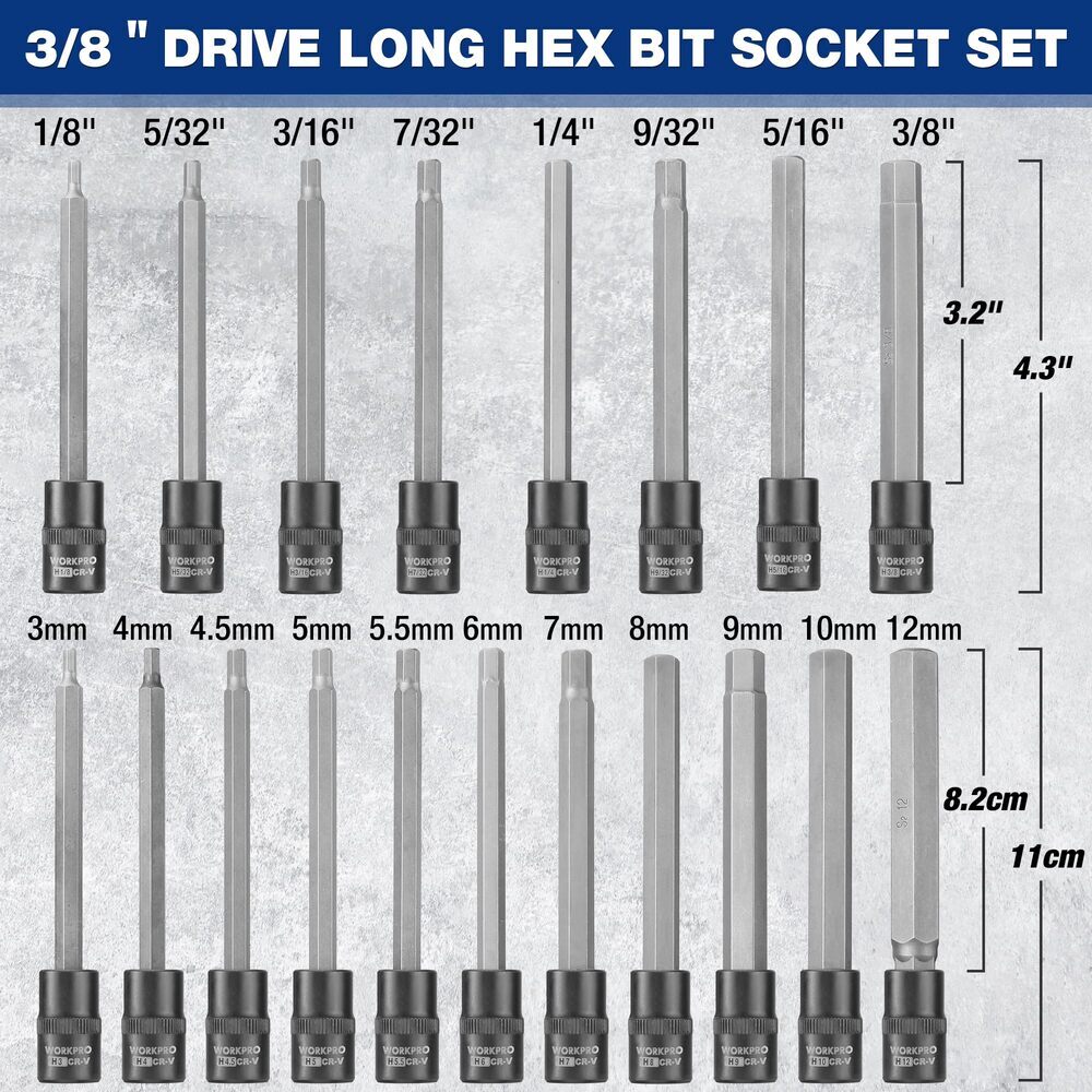 WORKPRO 19PCS 3/8″ Drive Extra Long Torx Hex Bit Socket Set Long Allen Star Bits