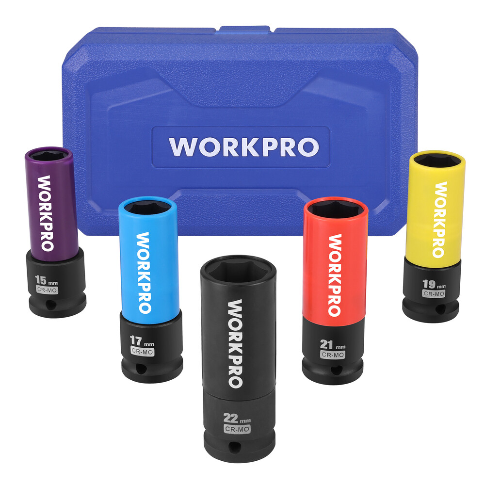 WORKPRO 5PCS 1/2″ Dr Impact Lug Nut Socket Set 15 17 19 21 22mm Thin Wall Socket