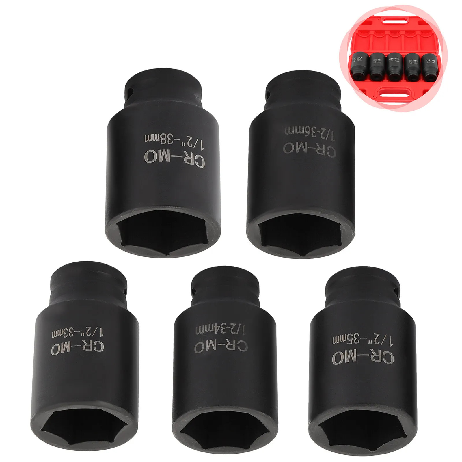 5Pcs 1/2″ Drive Deep Impact Axle Hub Socket Set 6 Point 33mm 34mm 35mm 36mm 38mm