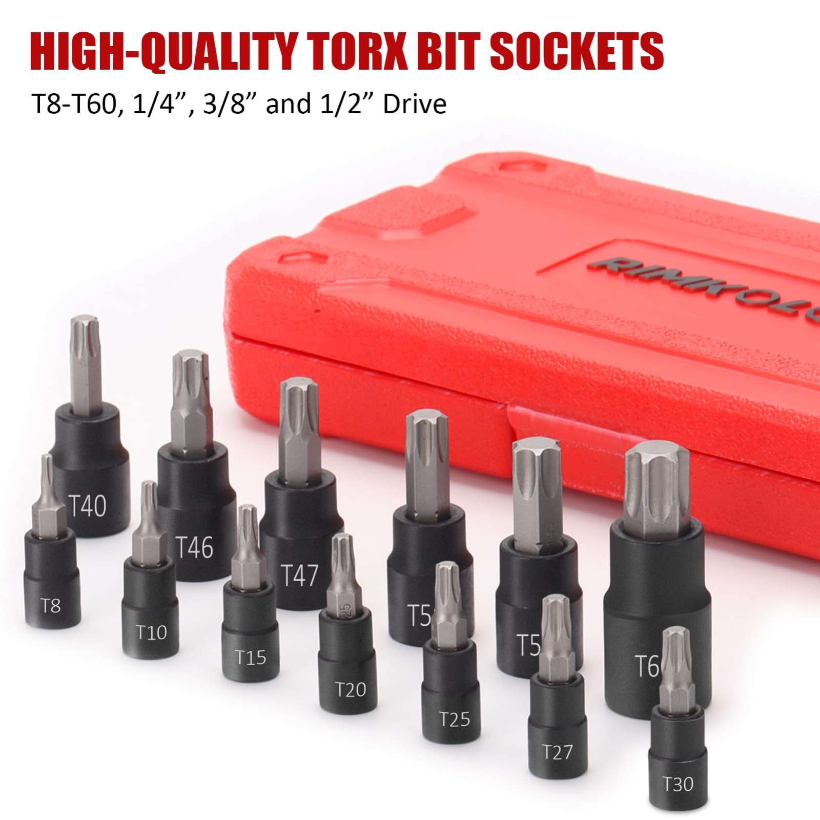 13-Piece Torx Bit Socket Set T8-T60, 1/4” 3/8” 1/2” Drive, S2 Steel & CR-V, Case