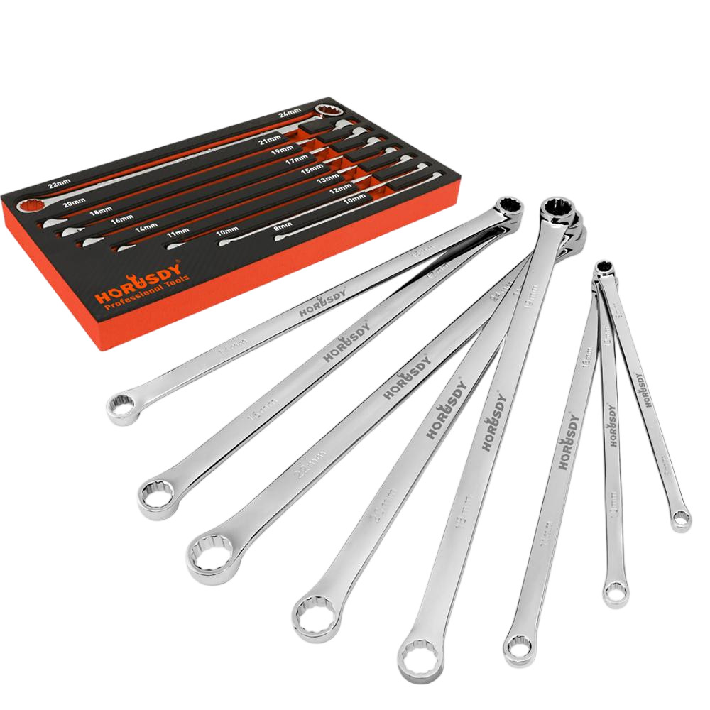 8PCS 8-24mm Extra Long Aviation Wrench Set Double Ring Spanner 12 Point CR-V