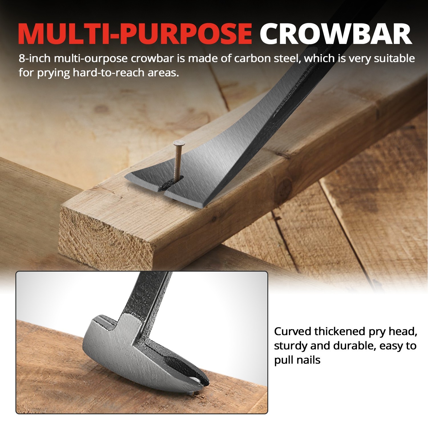 6-1/2″ Sturdy Fiberglass Handle Hammer 8″ Multi Purpose Pry Bar+Hammer Holster