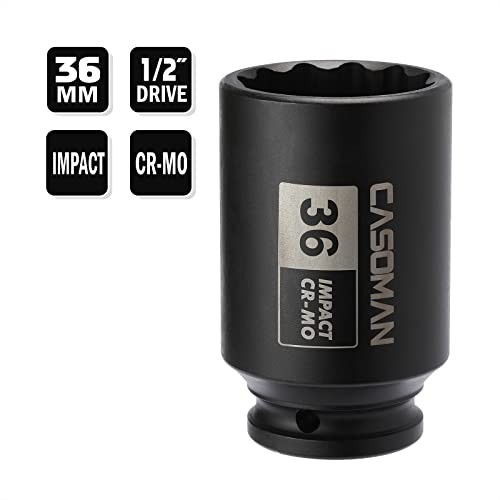 CASOMAN 1/2″ Drive x 36 mm Deep 12 PT Impact Socket, CR-MO, 1/2-inch Drive 12