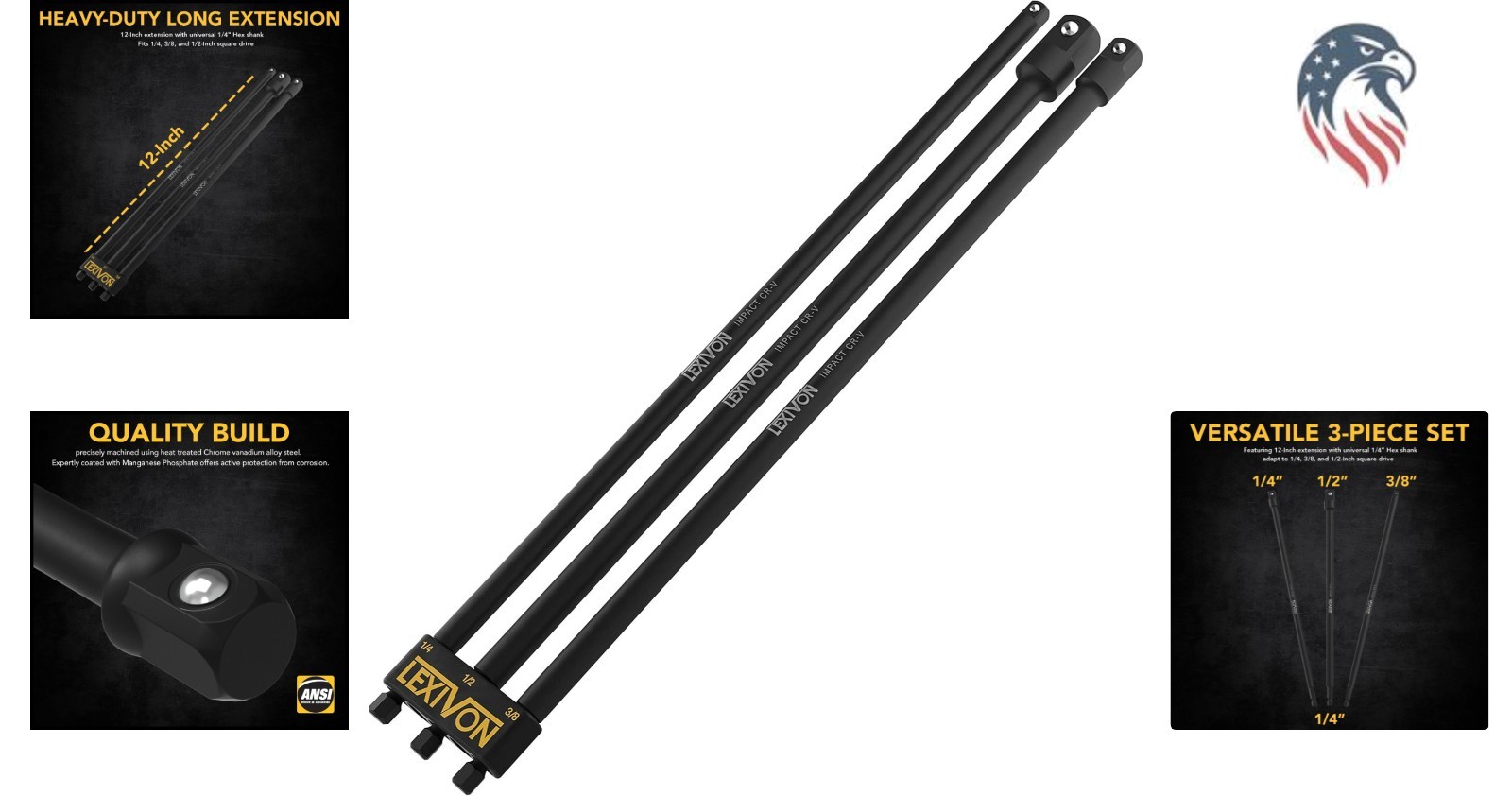 Impact Grade Socket Adapter Set 12 Inch Extension Bit 3-Piece 1/4 3/8 1/2 Drive