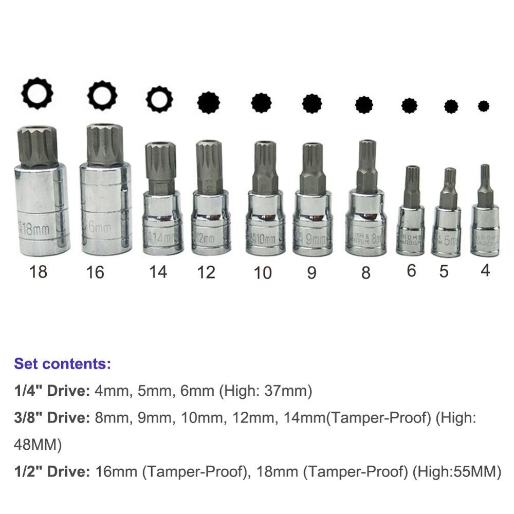 10pc XZN 12 Point Triple Square Spline Bit Socket Set Tamper Proof 4MM – 18MM