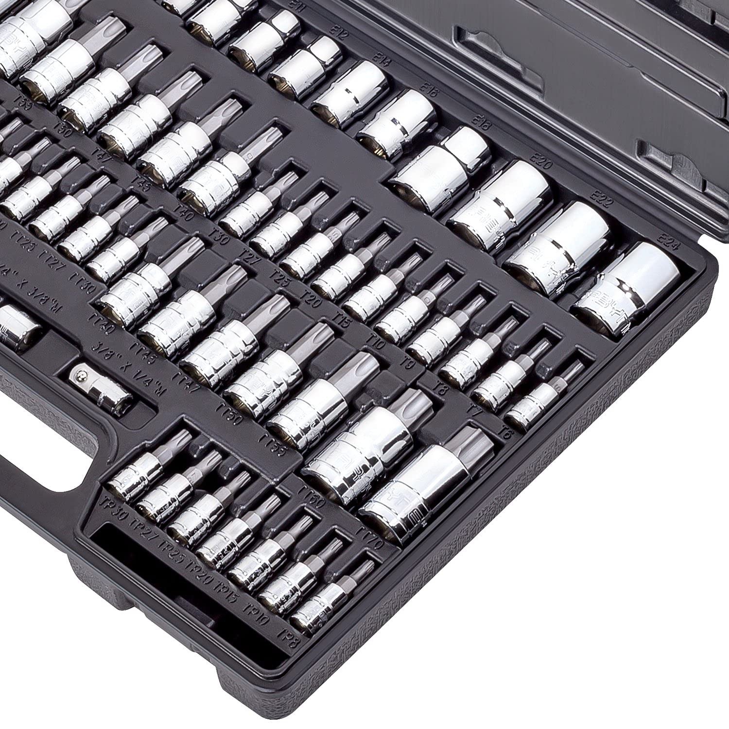 62-Piece Torx Bit Socket Set – S2 Steel, Tamper Resistant, T6-T70, E4-E24, 1/4-1