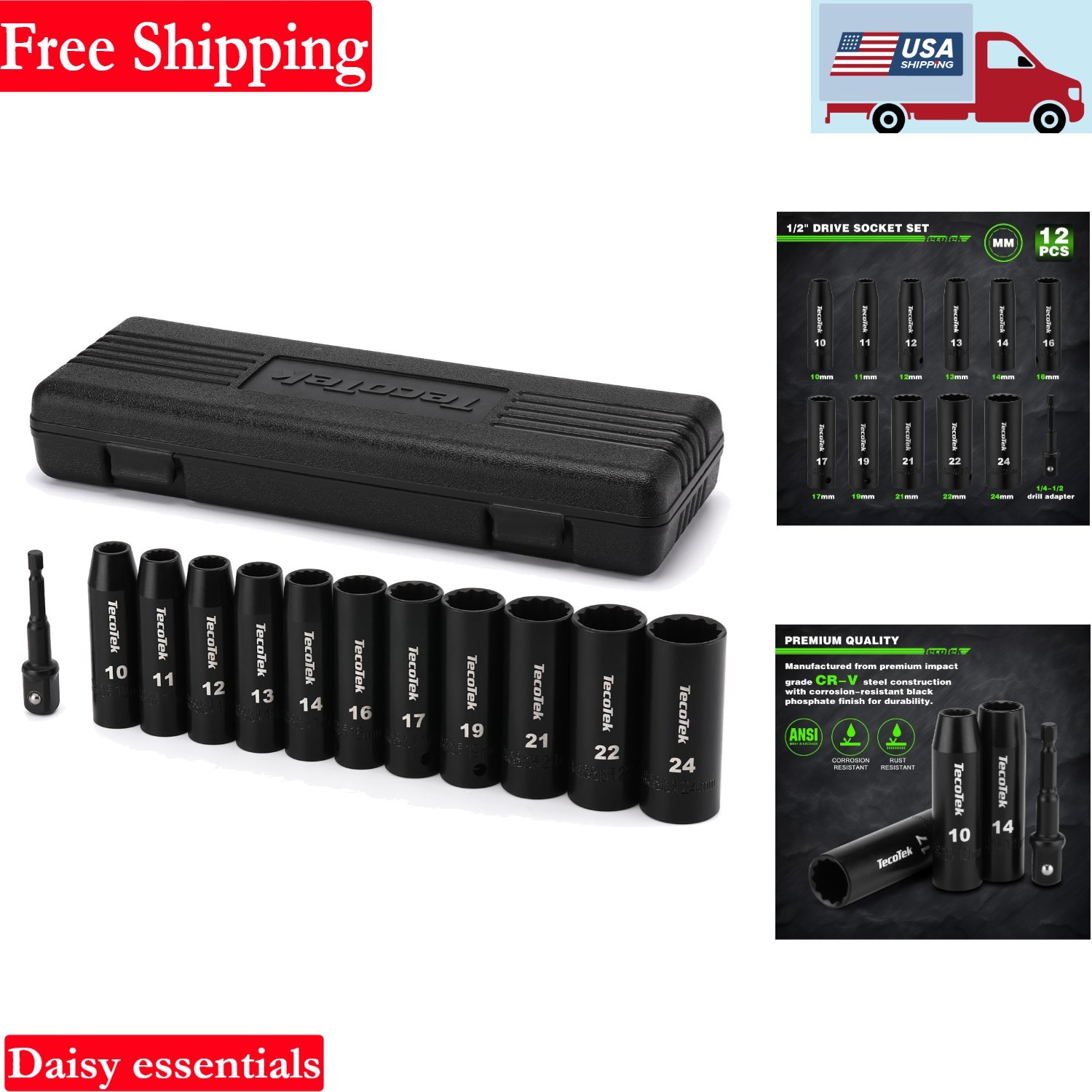 12 Pieces 1/2-Inch Drive Deep Impact Socket Set Chrome Vanadium 10-24mm
