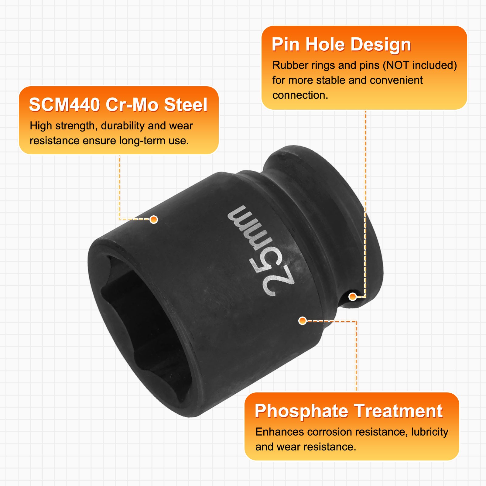 6 Point Impact Socket 25mm Socket 1/2″ Drive 1.65″ Long Cr-Mo Steel Phosphated