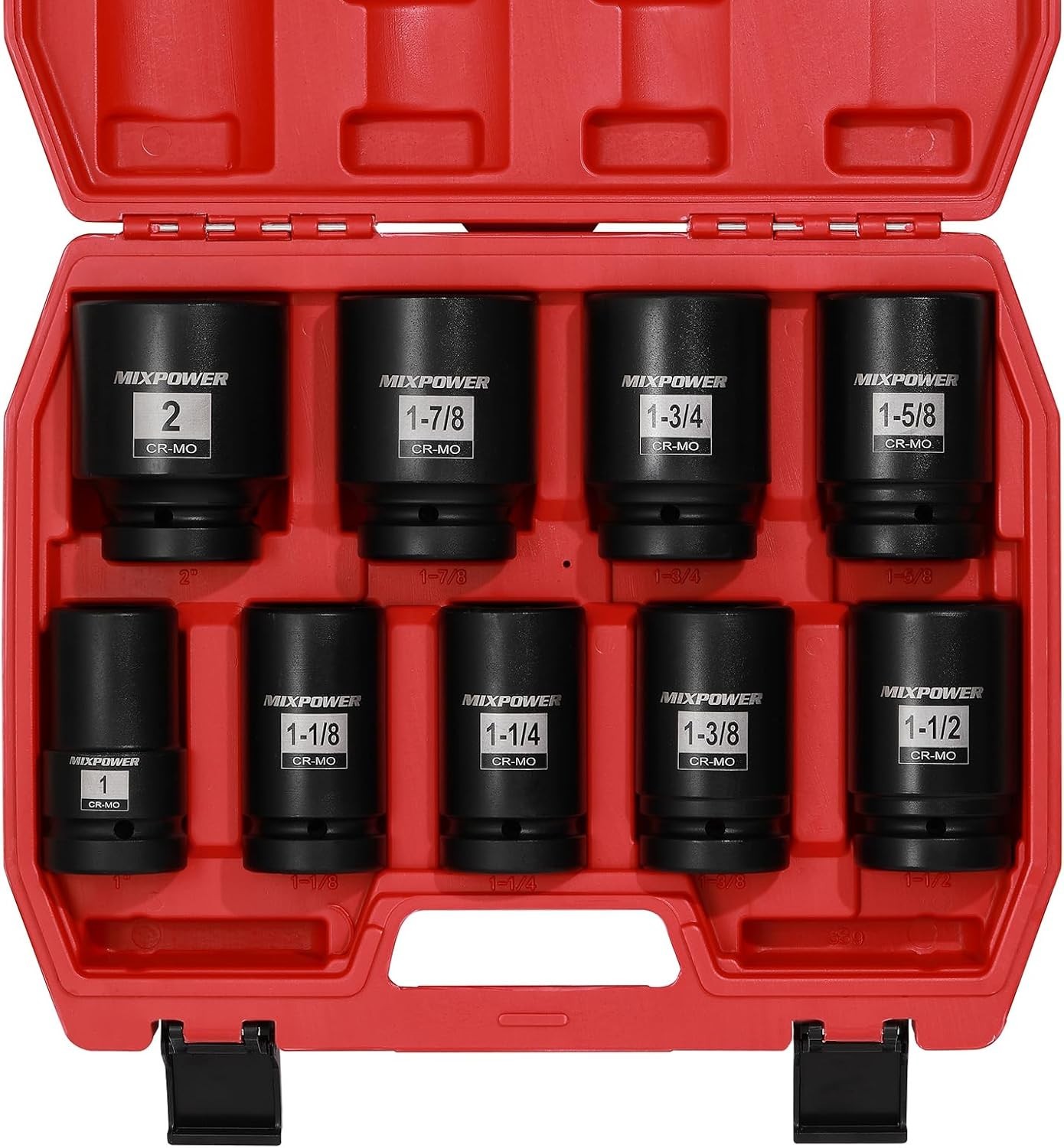 9-Piece 1″ Drive CR-MO Deep Impact Socket Set – Durable Black Phosphate Finish