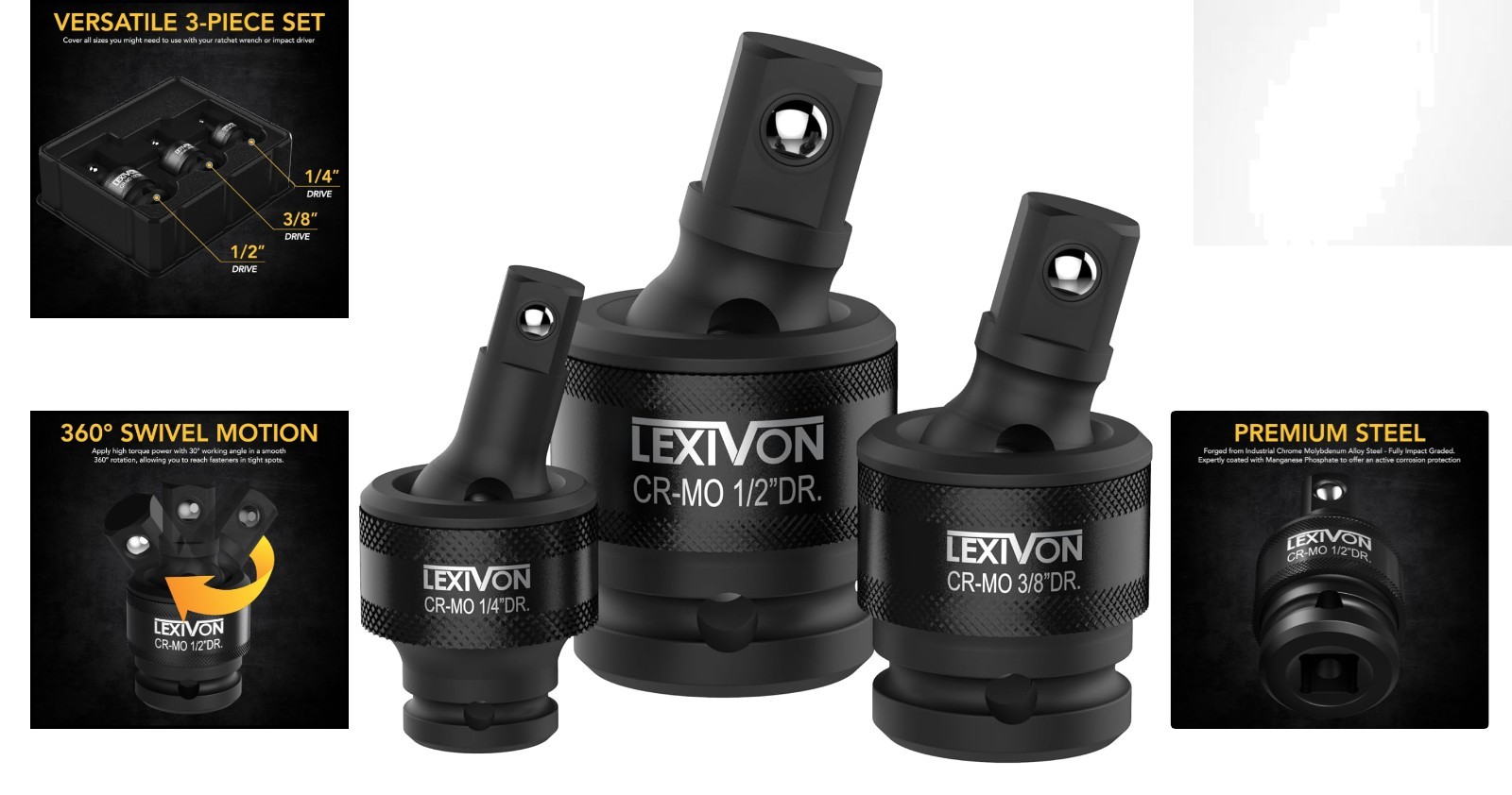Versatile Heavy-Duty Joint Socket Swivel Set | Fits 1/2″, 3/8″, and 1/4″ Drives