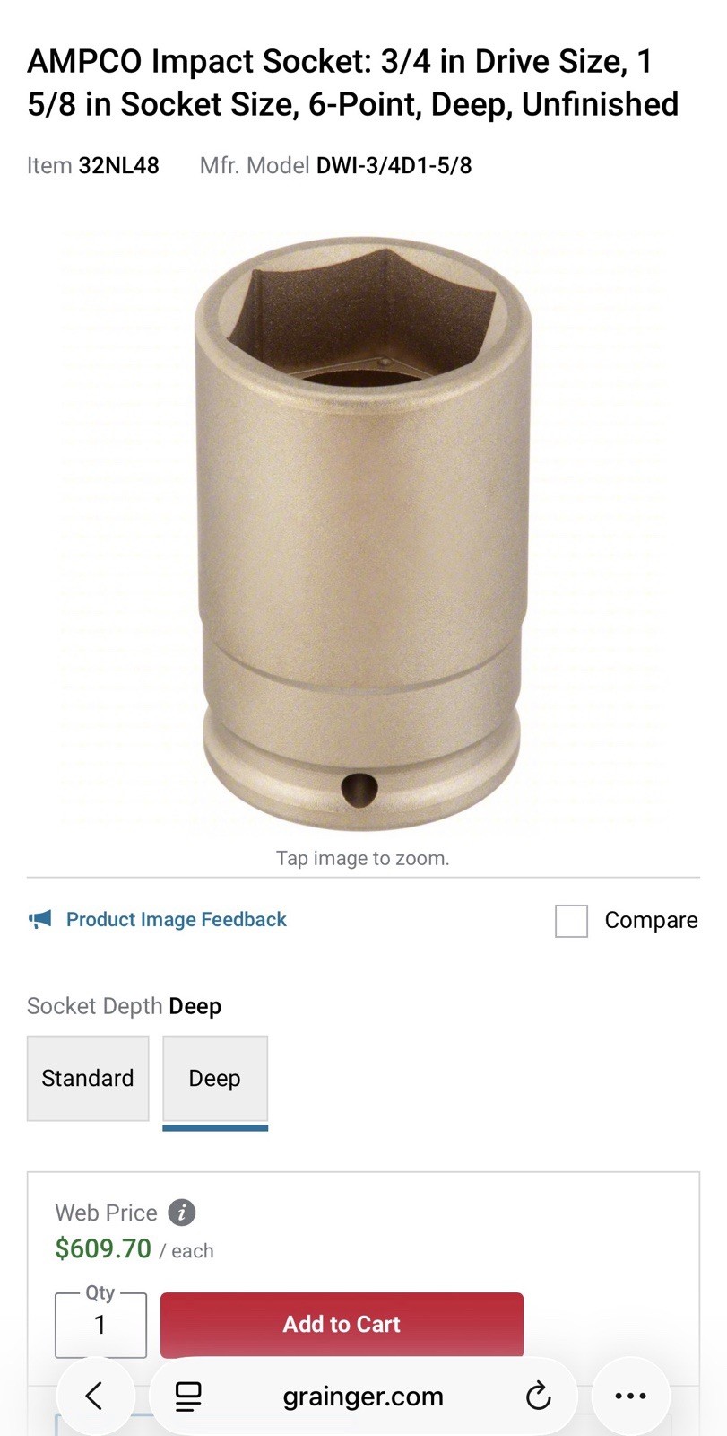 AMPCO Impact Socket 3/4 in Drive Size 1 5/8 in Socket Size 6-Point Deep Brass