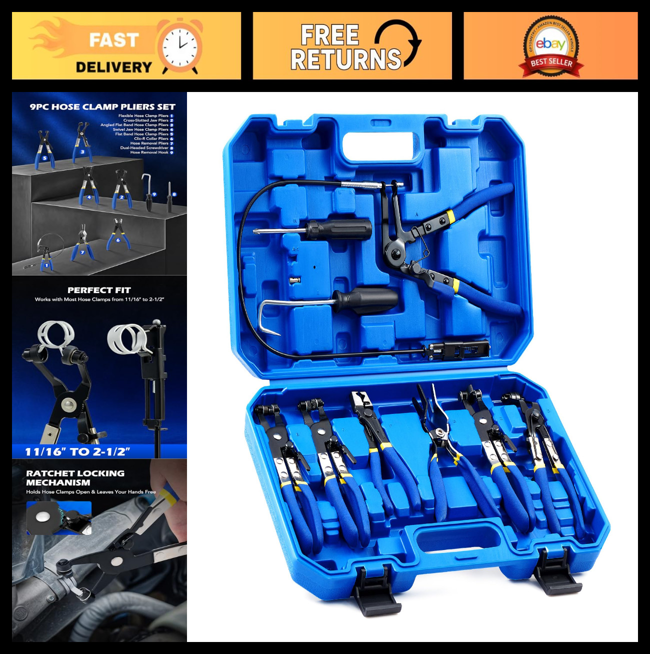 9pcs Hose Clamp Pliers Set for Fuel, Oil & Water Hoses – Long Reach Remover Kit