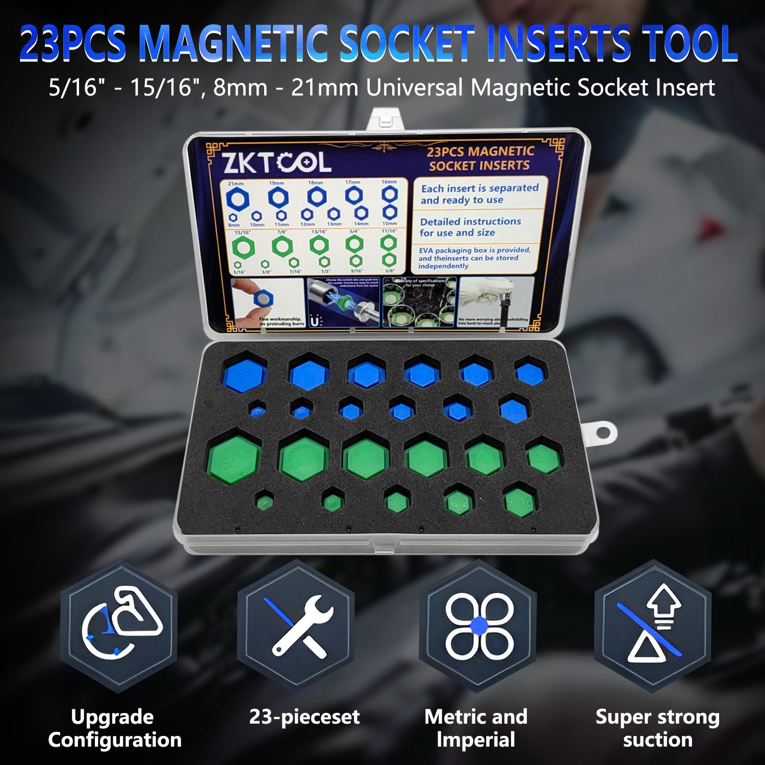 23PCS SAE and Metric Magnetic Socket Inserts Tool Set, 5/16″ – 15/16″, 8 – 21mm