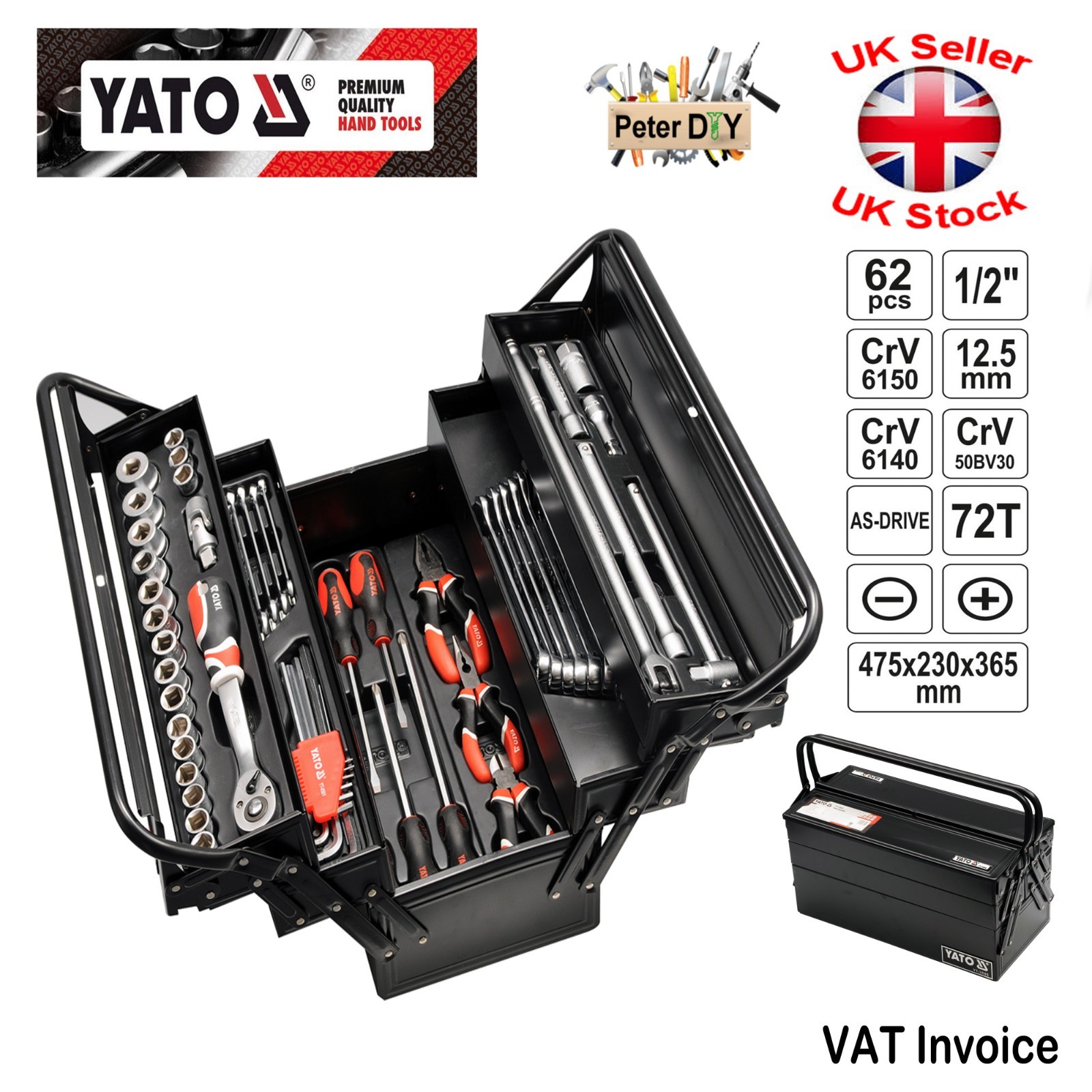 Yato Professional 62 pcs 1/2 Ratchet Socket Set Tools Box Case Toolbox YT-3895