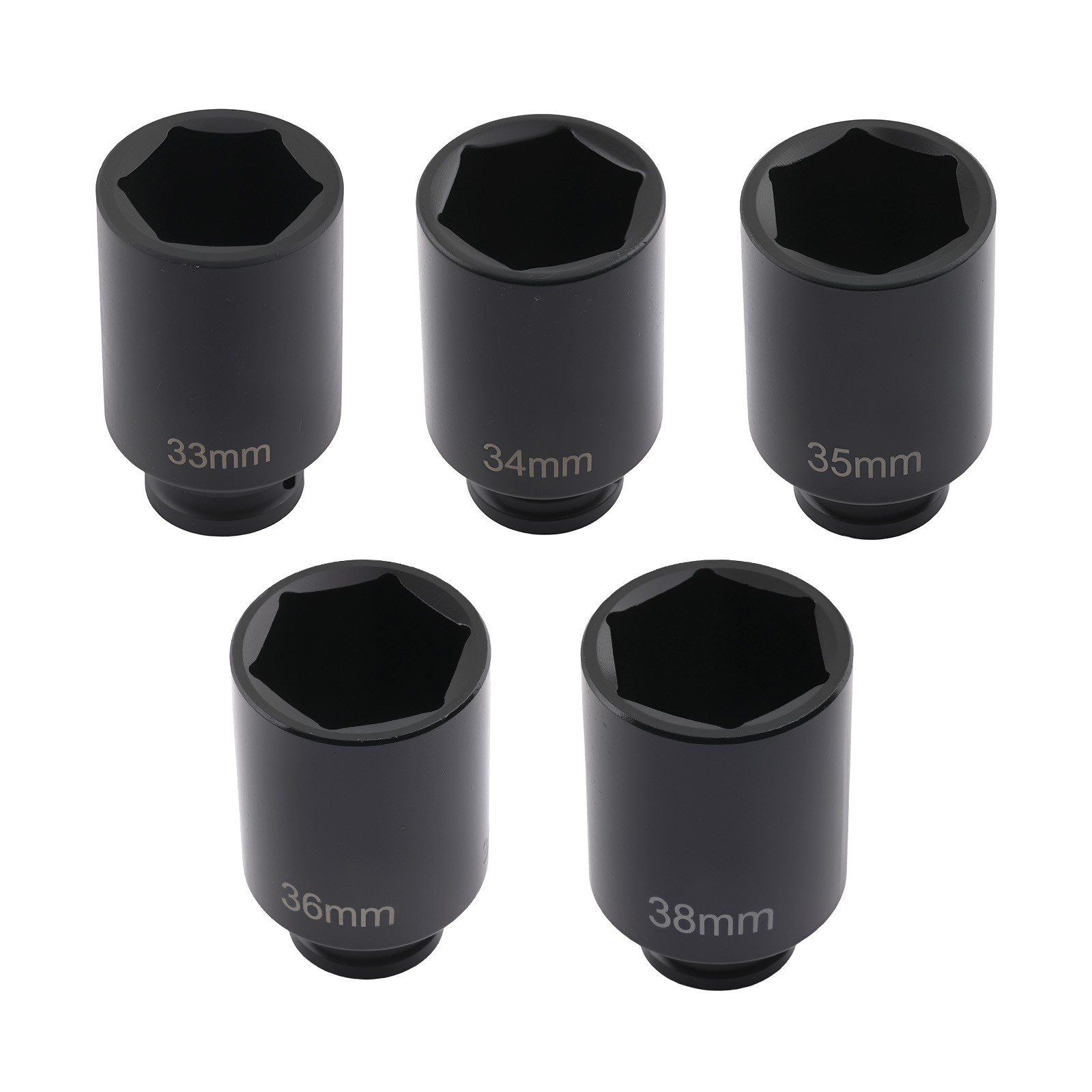 5PC 1/2» Drive 6 Point Deep Spindle Axle Nut Socket Set 33, 34,35, 36,38mm