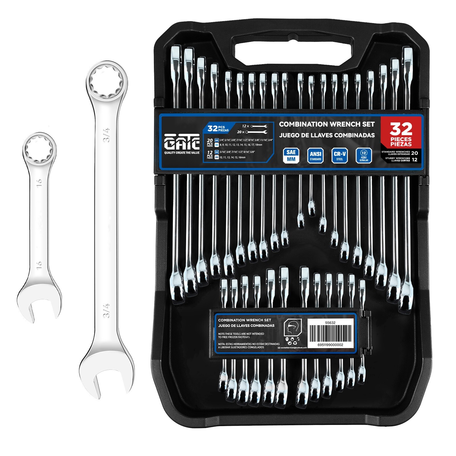 32 Piece SAE & Metric Combination Wrench Set, CR-V Steel Mirror Chrome Polished