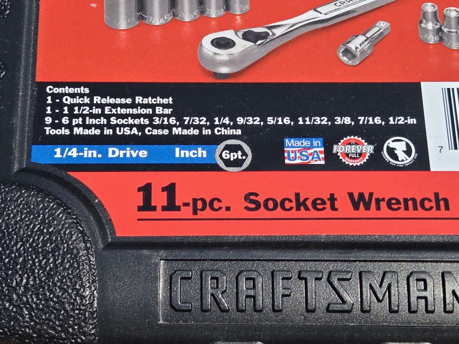 NOS SEARS Craftsman USA 11pc. 1/4″ Drive 6pt. SAE Socket Wrench Set w/Case 34860