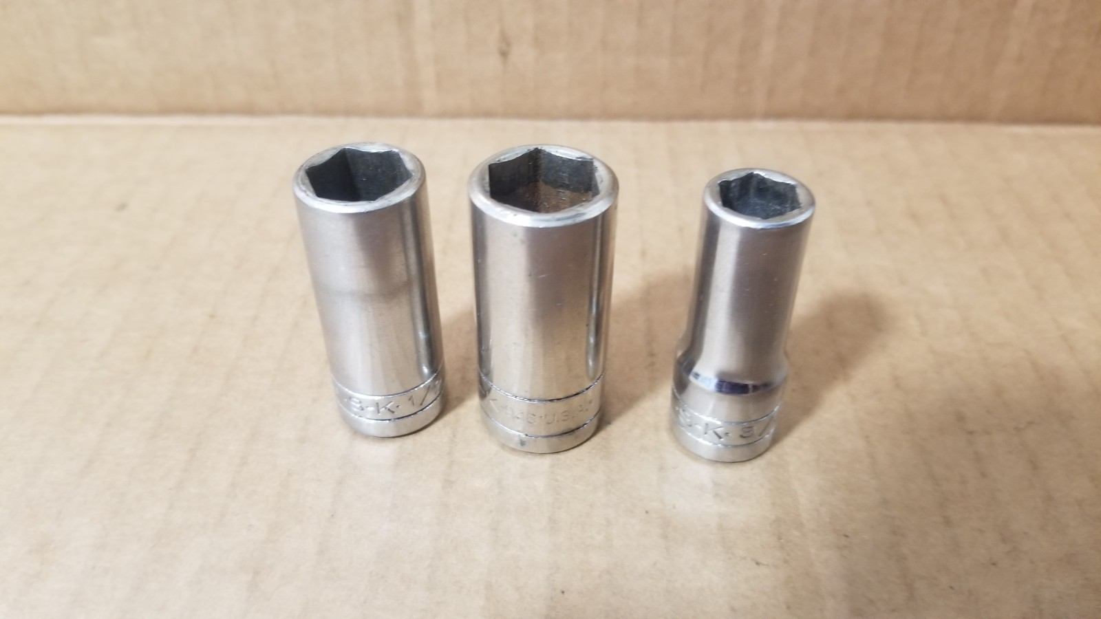 Vintage S-K USA 40418 9/16 & 40416 1/2 & 40412 3/8 6-Point Sockets VGC
