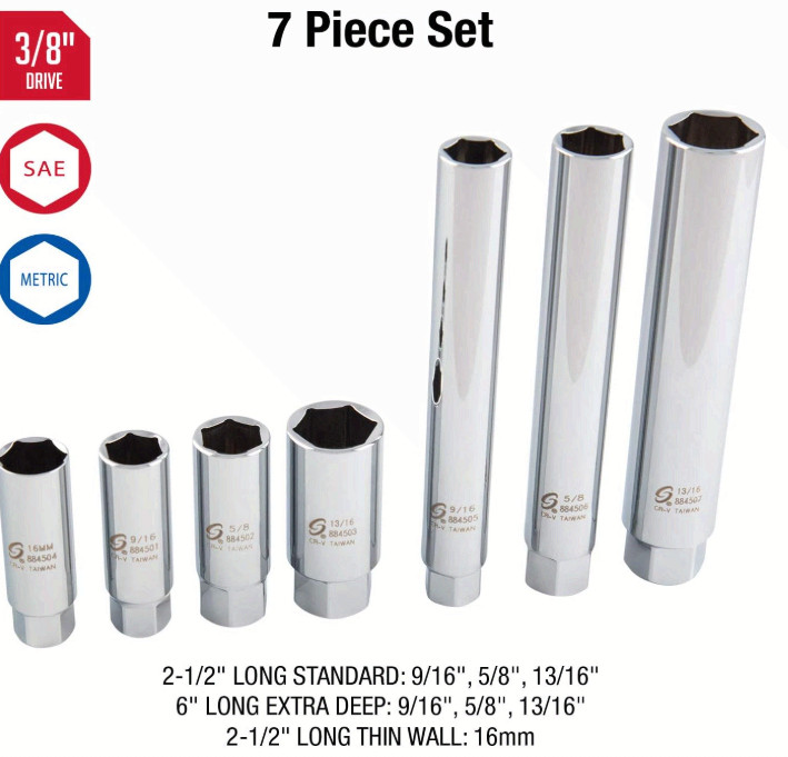 SUNEX 8845 3/8in Drive Master Spark Plug Socket Set 7pc CR-V
