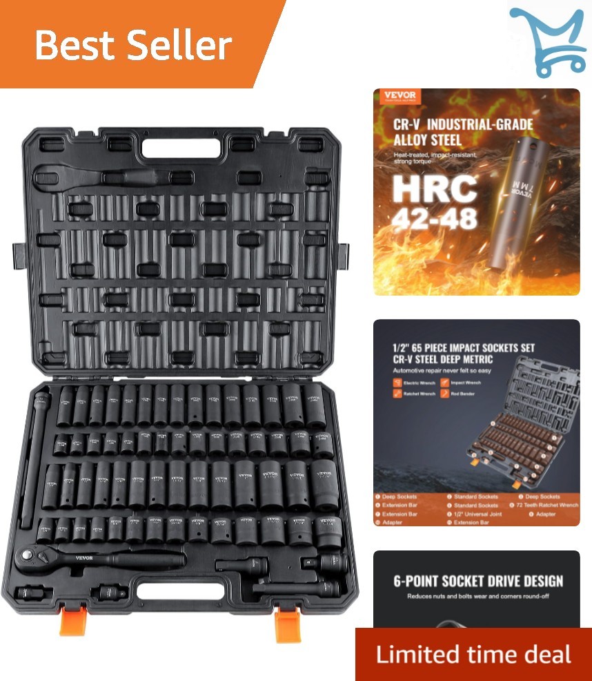 Impact Socket Set 65 Piece Chrome Vanadium Steel SAE Metric Includes Storage …