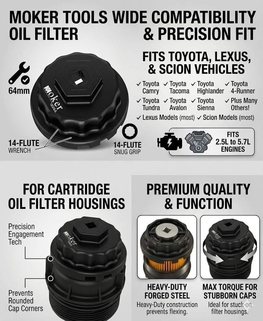 Upgraded for Toyota Oil Filter Wrench 64mm 14 Flute Aluminum Tool for Easy Oi…