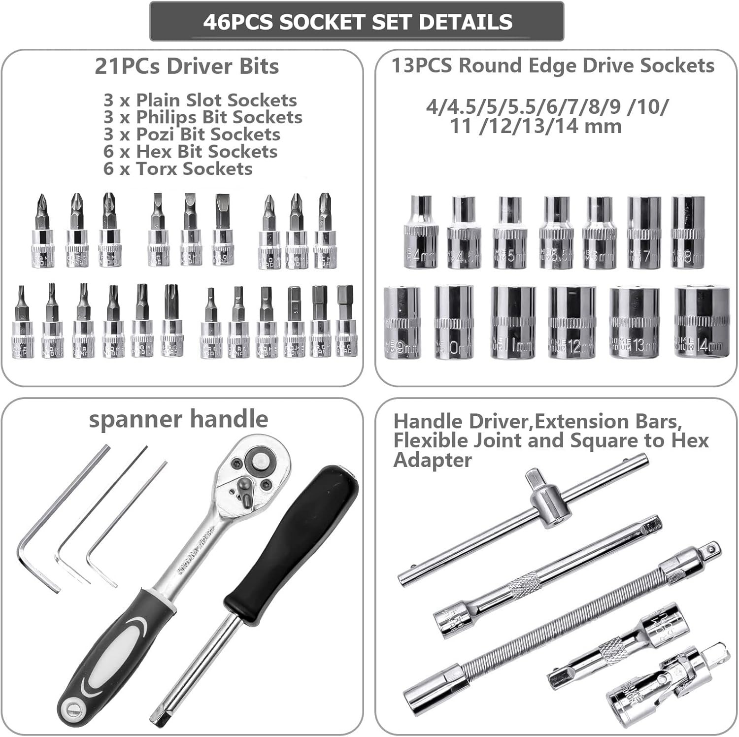YUFANYA 46PCS 1/4 inch Drive Socket Set,Metric Ratchet Wrench 46 pcs, Chrome