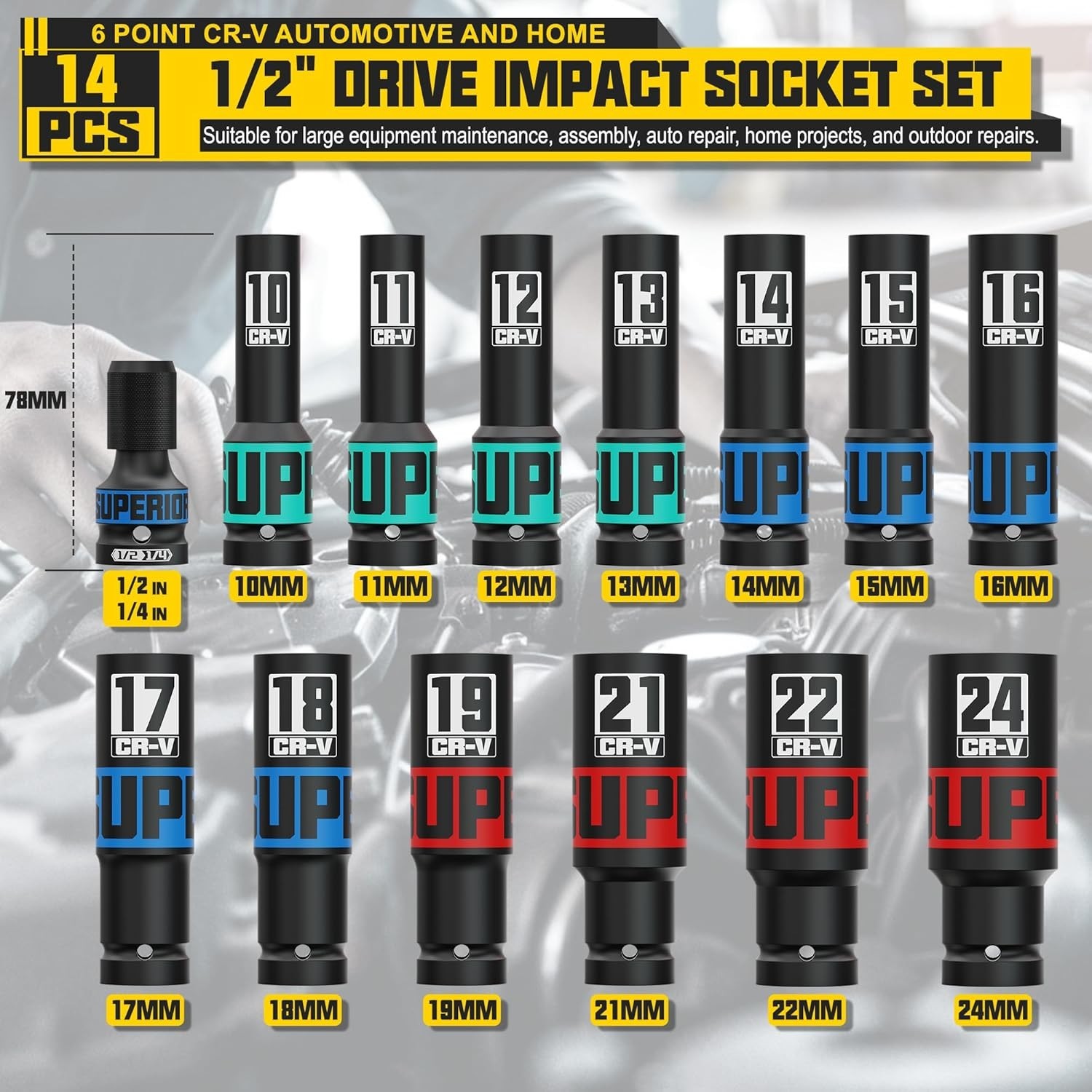 1/2”Drive Metric Deep Impact Socket Set,6-Point Design,14-Piece Set 10mm to 24mm