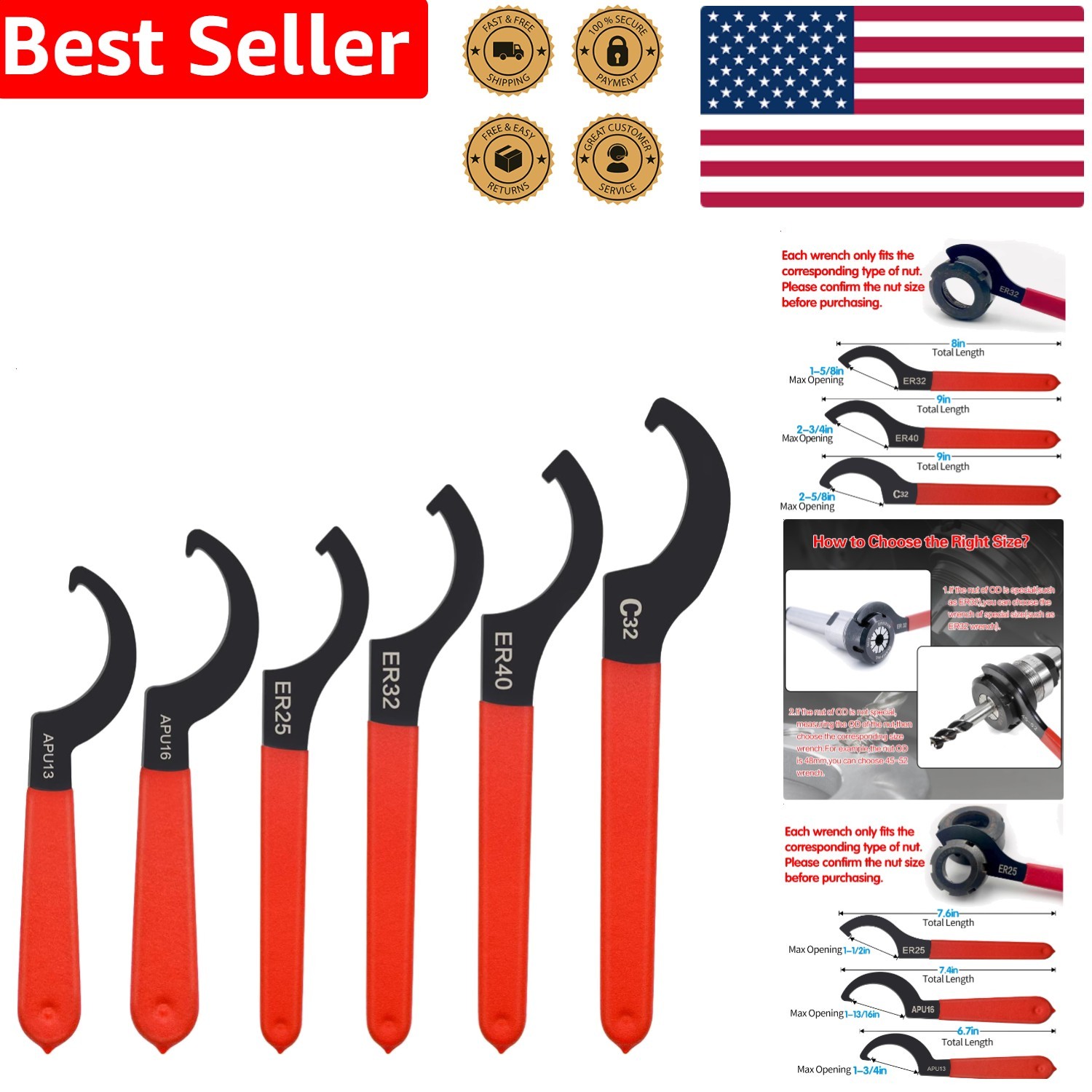 6pc Coilover Spanner Wrench Set C-Shape Shock Adjustment Tool Alloy Steel