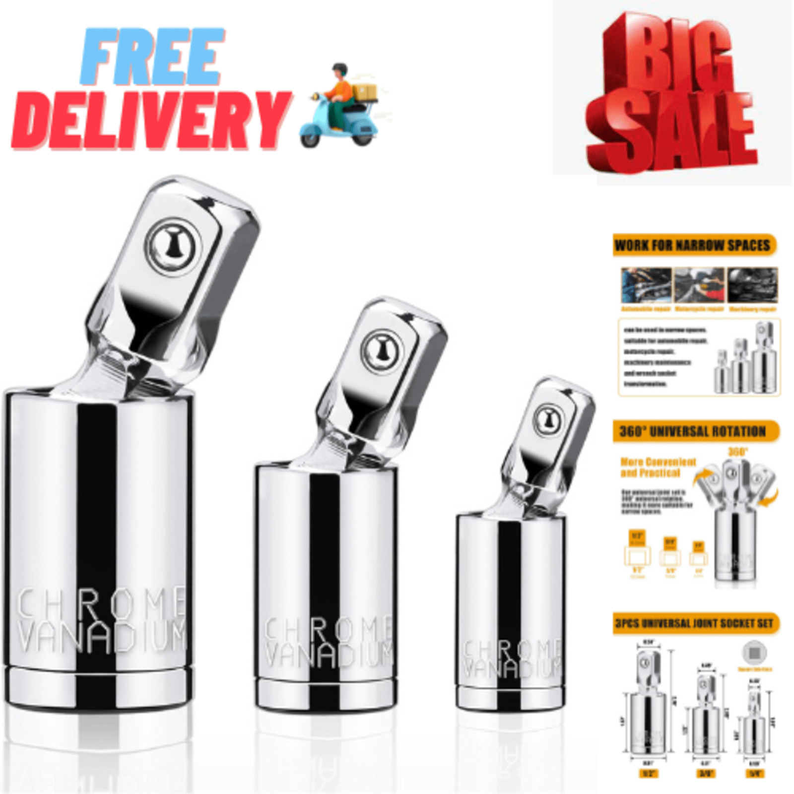 3PCS Impact Universal Joint Swivel Socket Adapter Set 1/4″ 3/8” 1/2″ Drive 360°