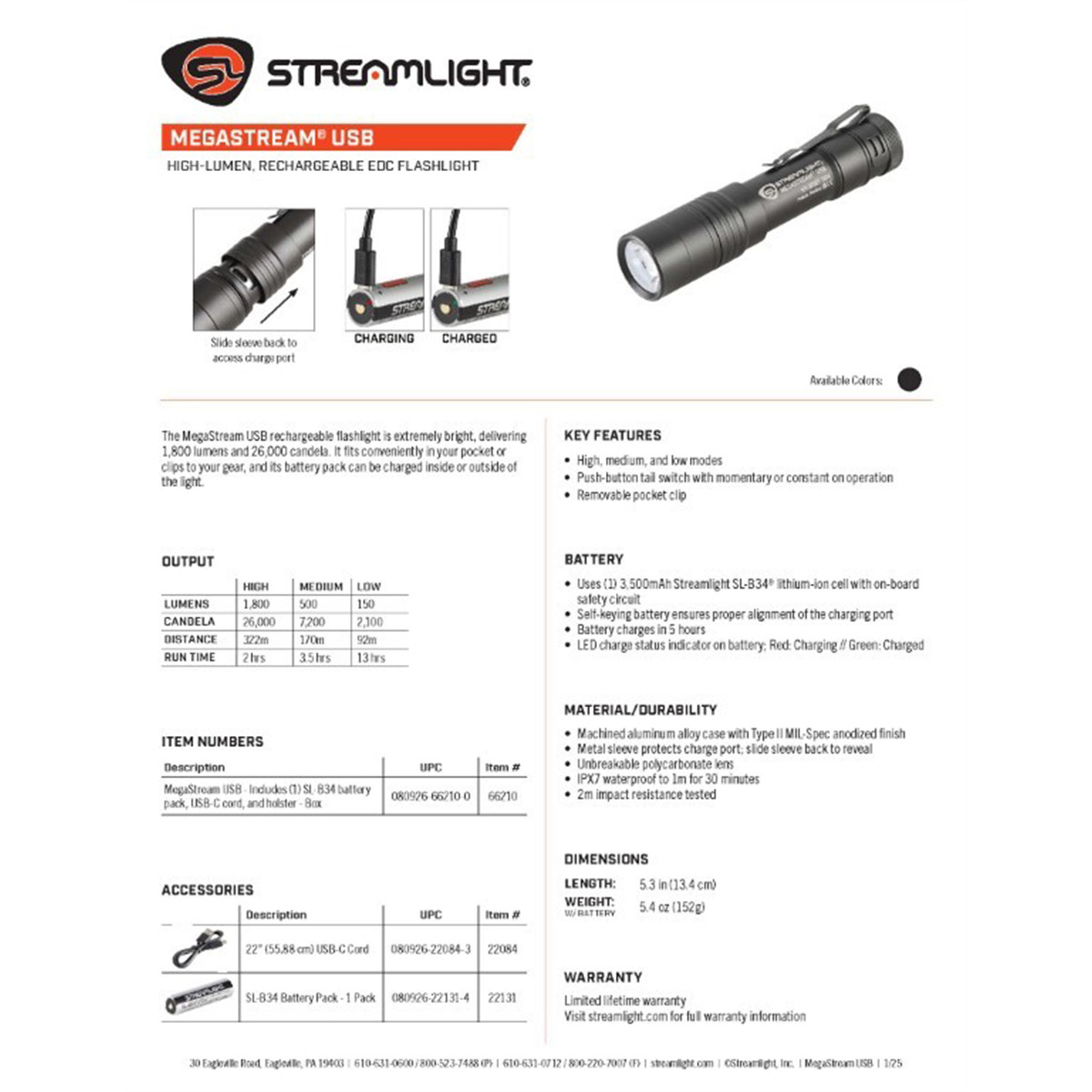 Streamlight 66210 Megastream USB Rechargeable Flashlight 1800 Lumens SL B34
