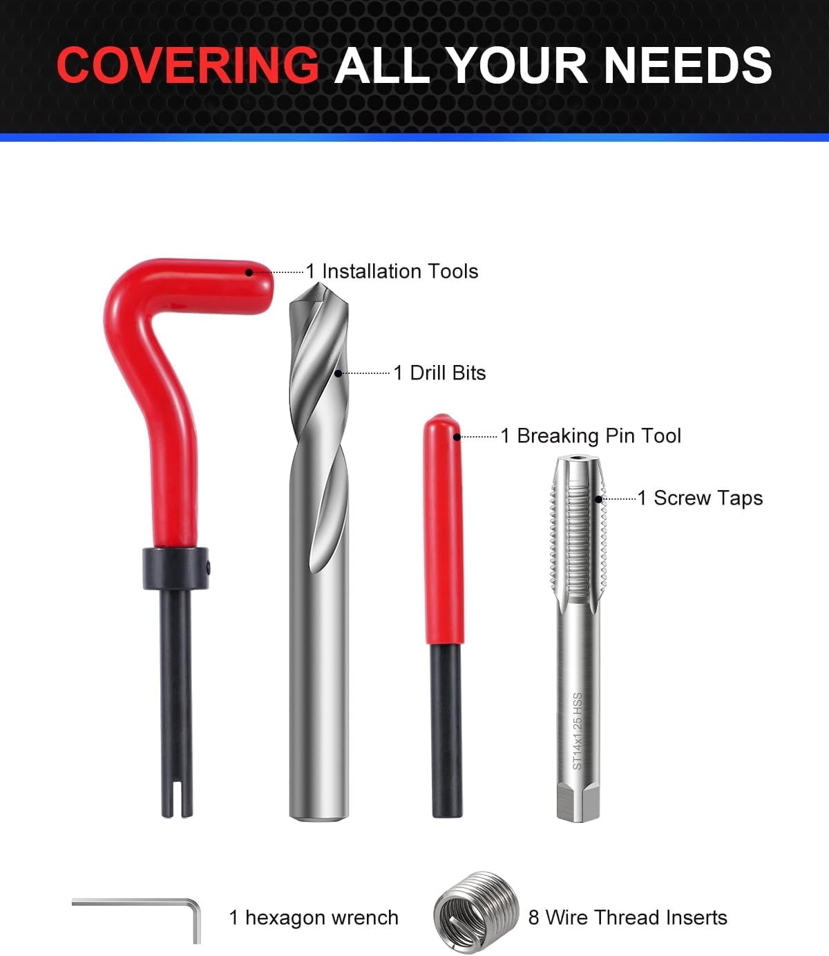 Kolvoii M14X1.25 Thread Repair Kit Metric Helicoil with Tap Drill & Case