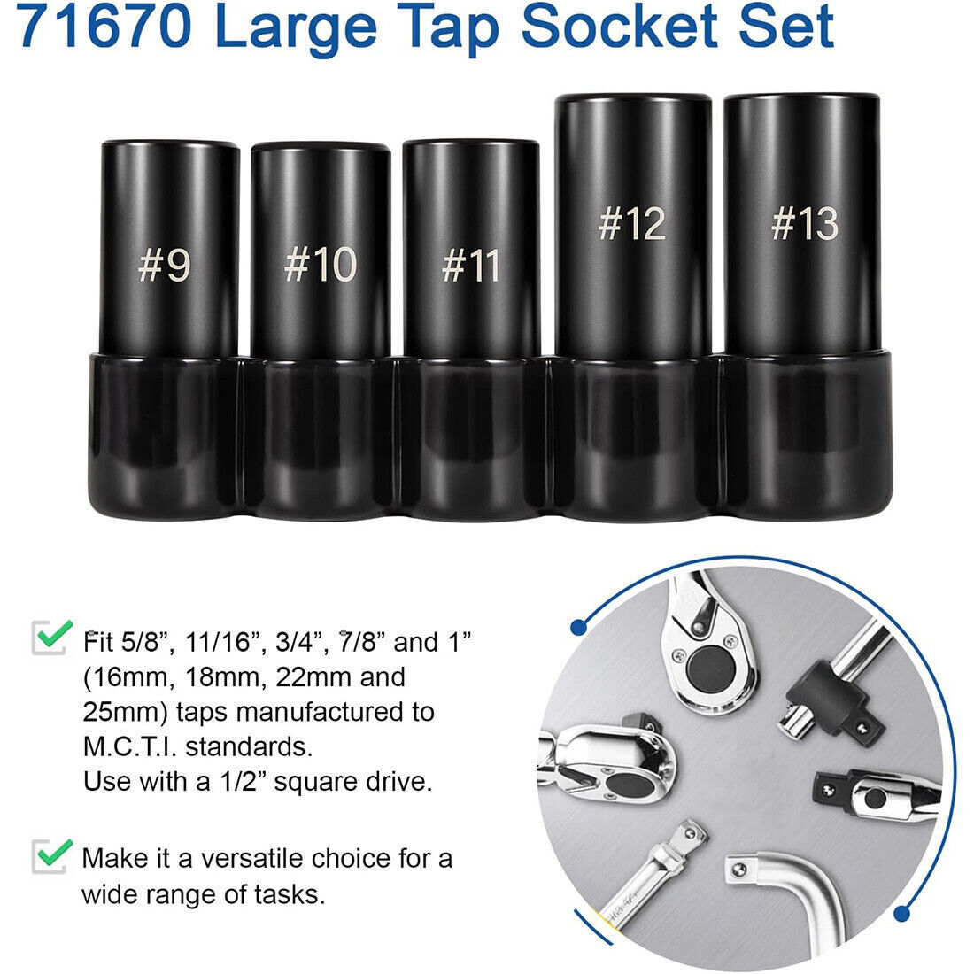 5pc 71670 Extra Large Tap Holding Socket Set with holder 5/8″11/16″,3/4″,7/8″,1″