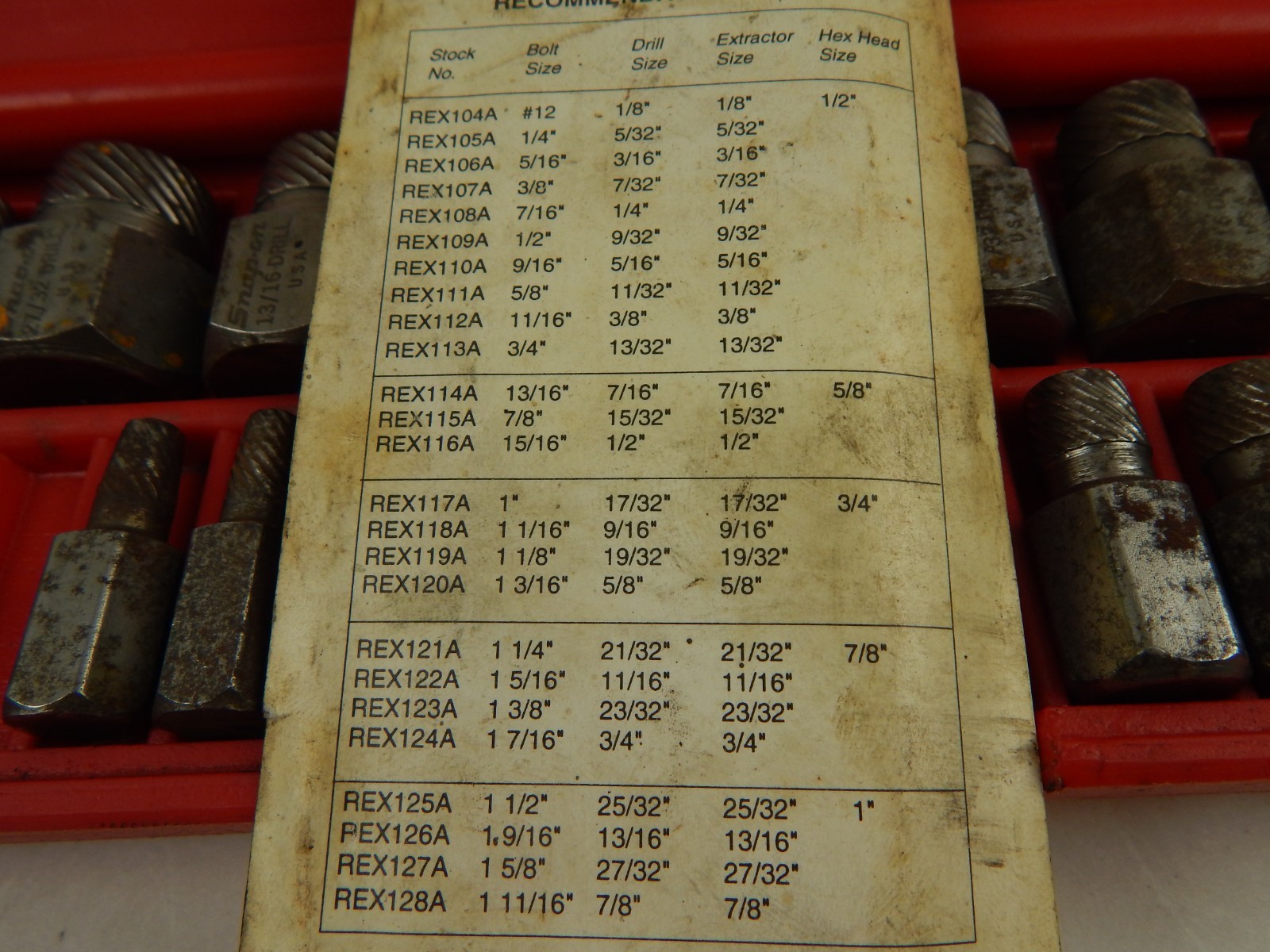 Snap-on REX25A 16 of 25-Piece Set Screw Extractors – Missing Most Small Sizes