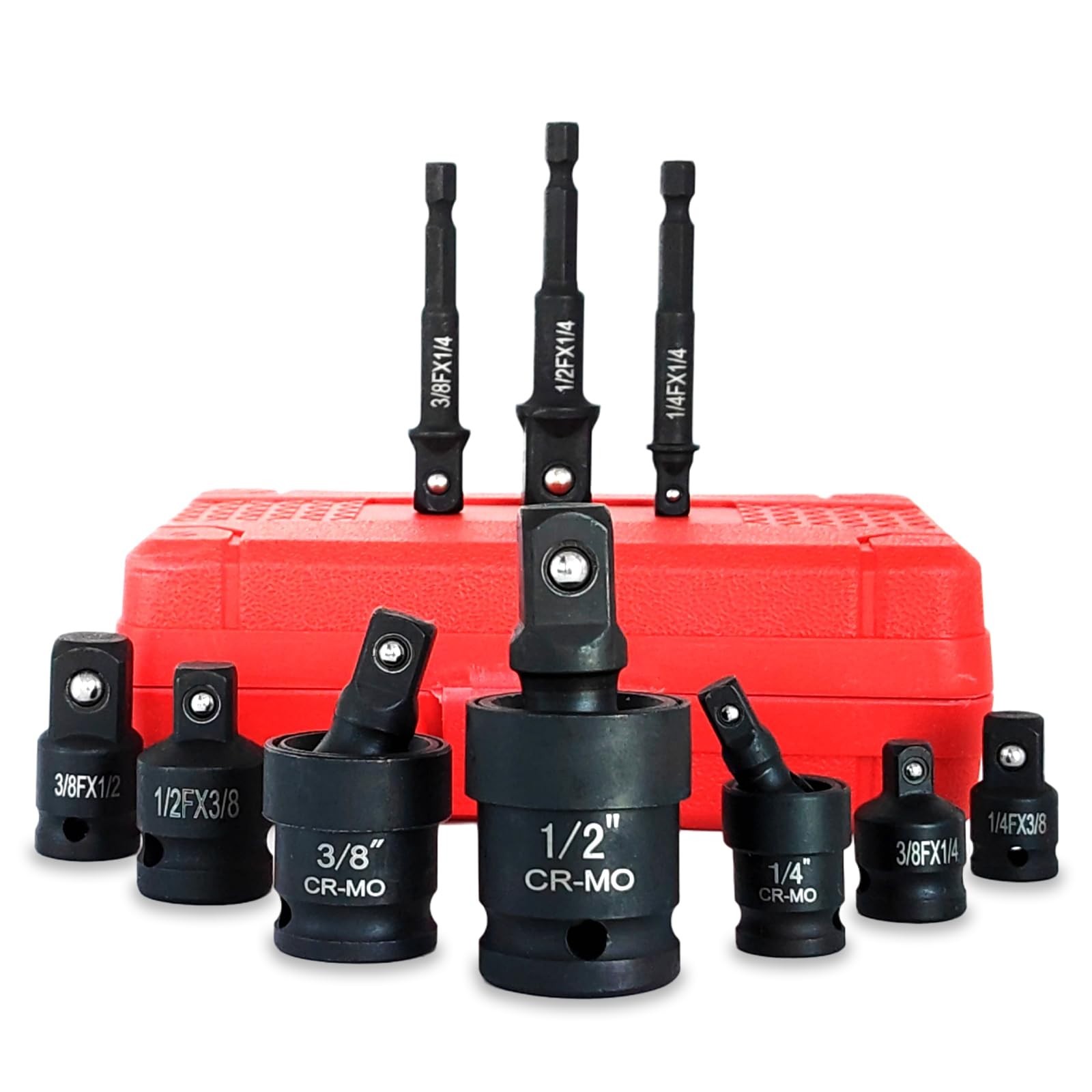 10-Piece Impact Swivel Socket Set, Cr-Mo Steel, 1/4″ 3/8″ 1/2″ Adapters & Reduce