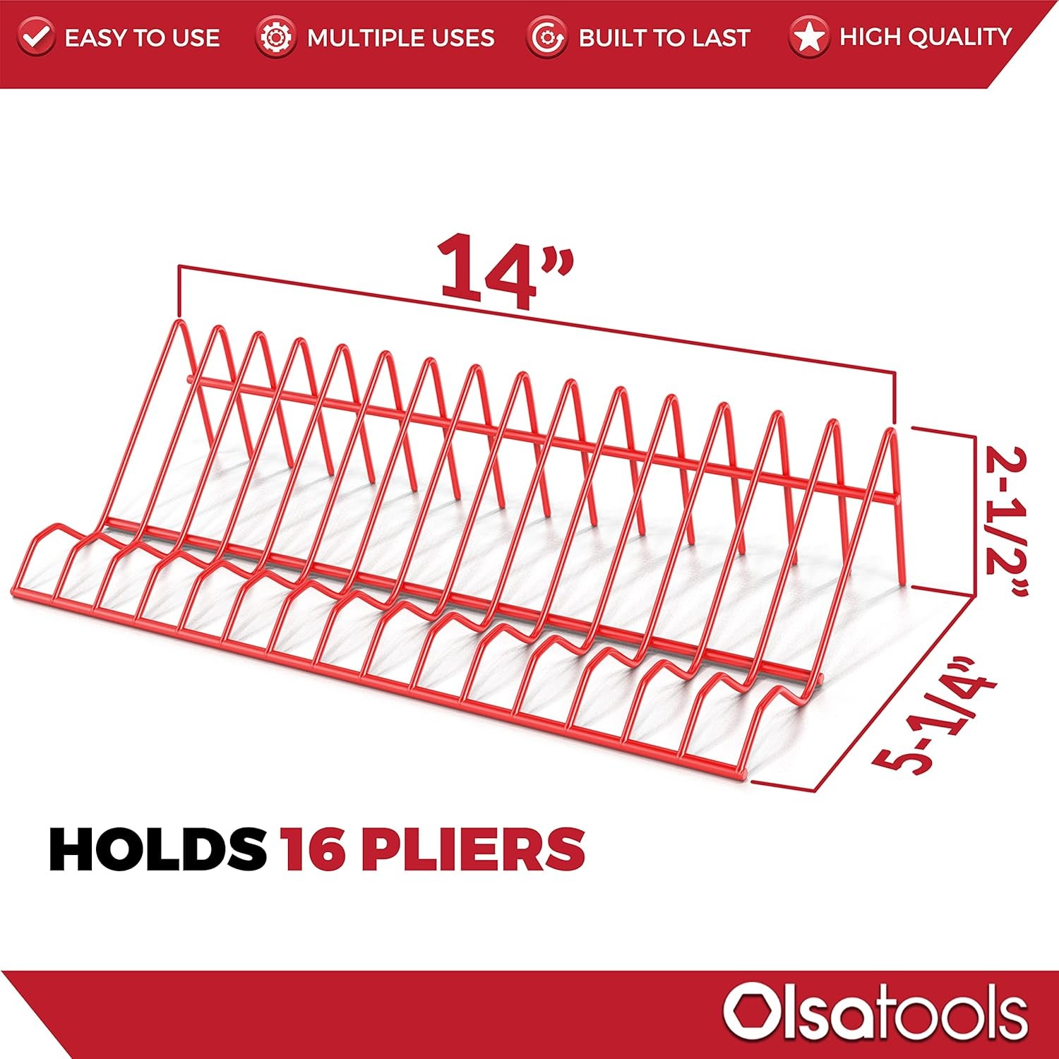 Olsa Tools Plier Rack – Red Organizer for Tool Box Drawer 16 Slots,