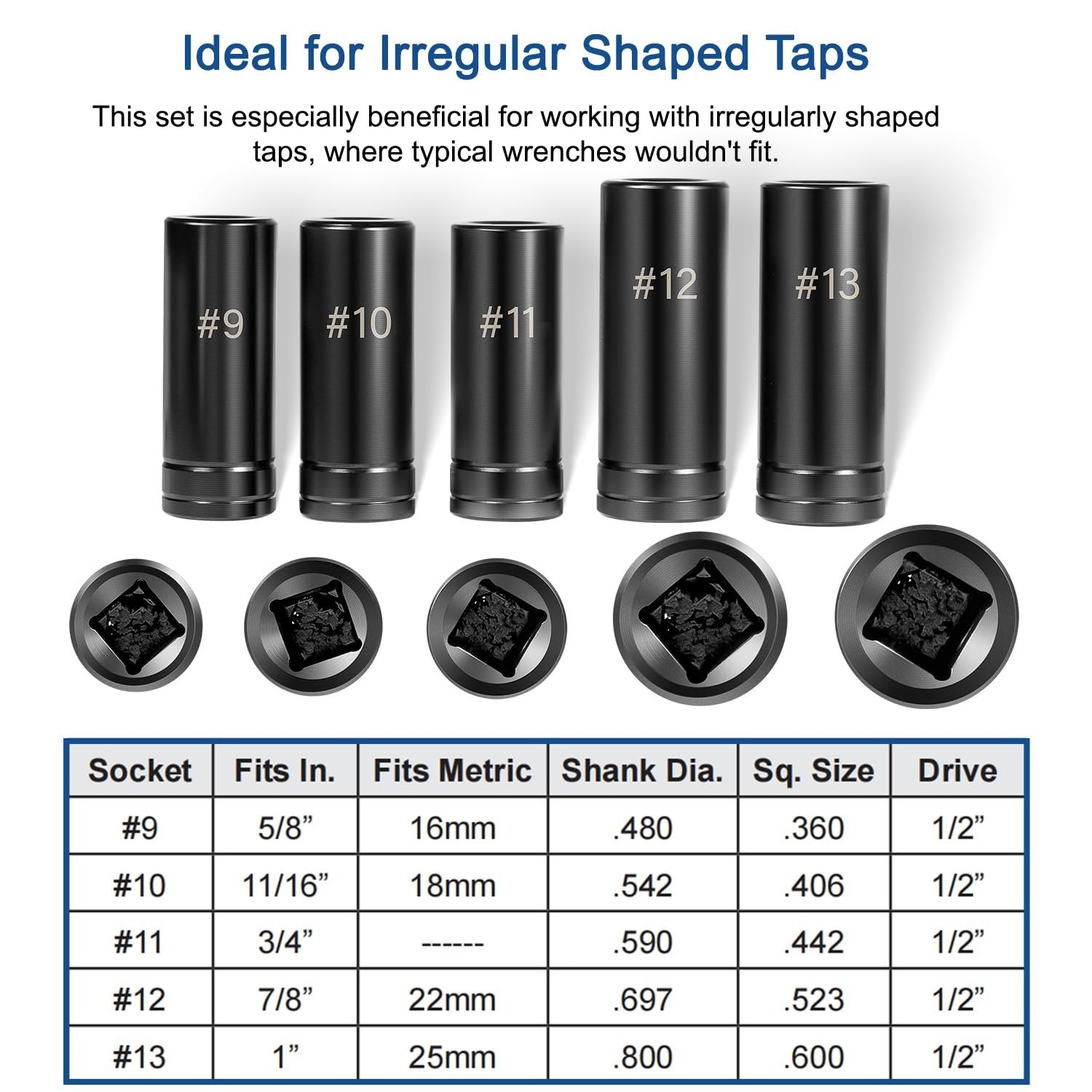 71670 Tap Socket Set Fits 5/8″, 11/16″, 3/4″, 7/8″ and 1″ Taps, 1/2″ Drive, 5Set