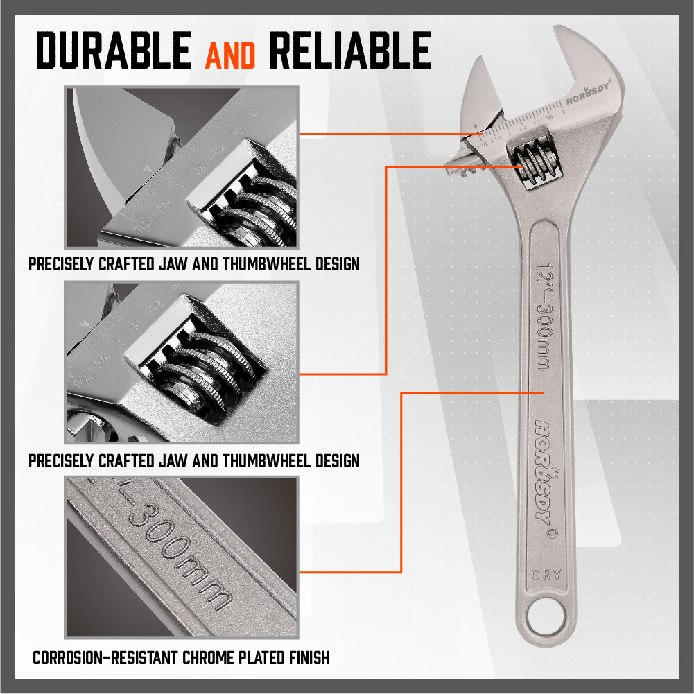 12″ 10″ 8″ 6″ Laser Marked Adjustable Wrench Set Heat 1-5/16″ 1-1/8″ 15/16″ 3/4″