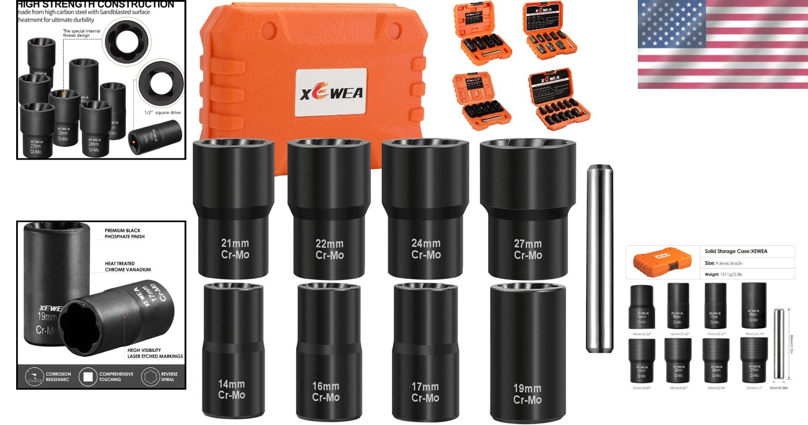 Lug Nut Extractor Set Chrome Molybdenum Steel Impact Bolt Remover Tool