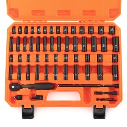 56-Piece 1/4″ Drive Impact Socket Set – SAE & Metric, 6-Point, CR-V, Ratchet & C