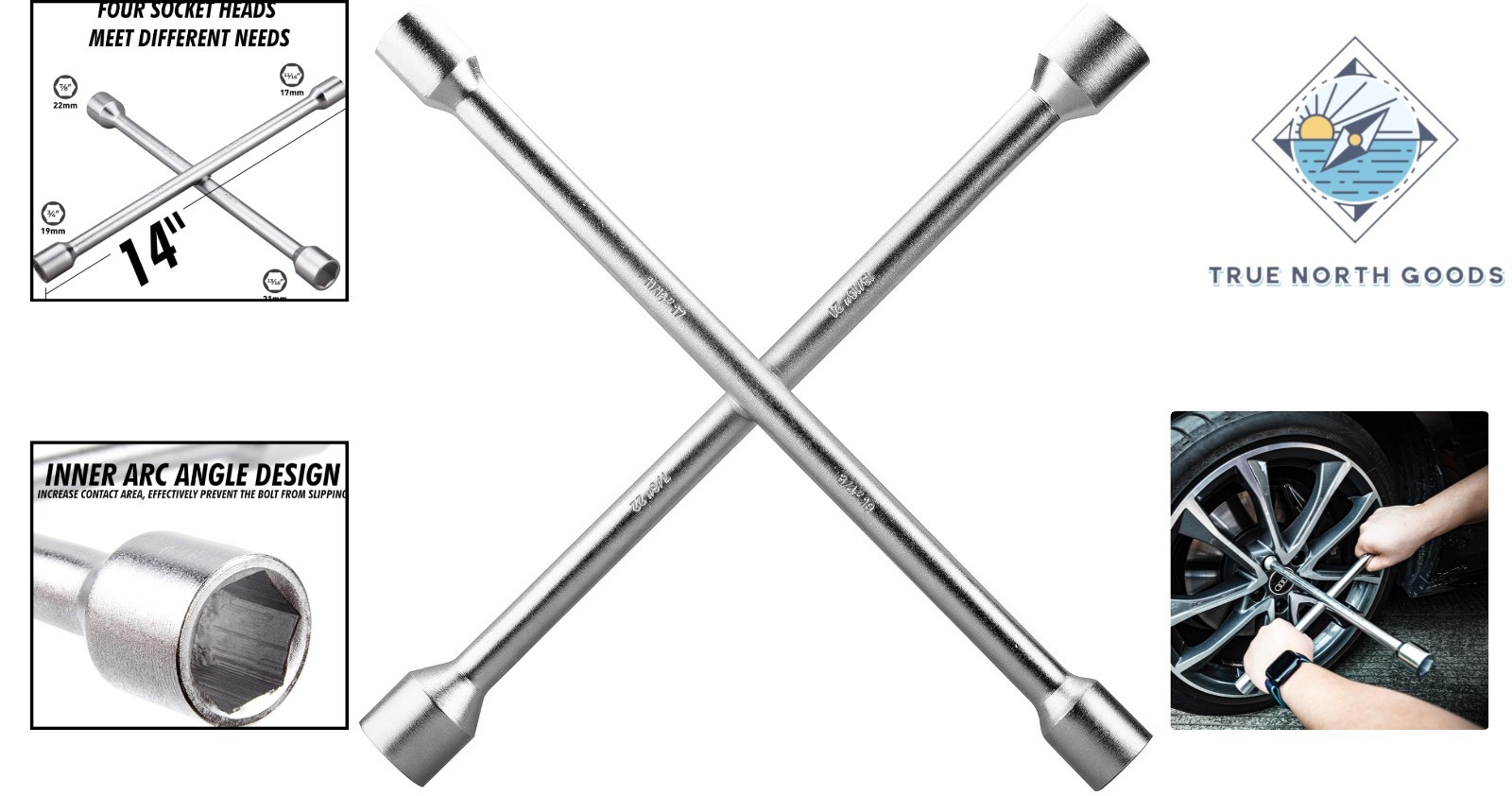 Durable 14-Inch Chrome Lug Wrench – 4 Way Tire Tool with Multiple Sizes Included