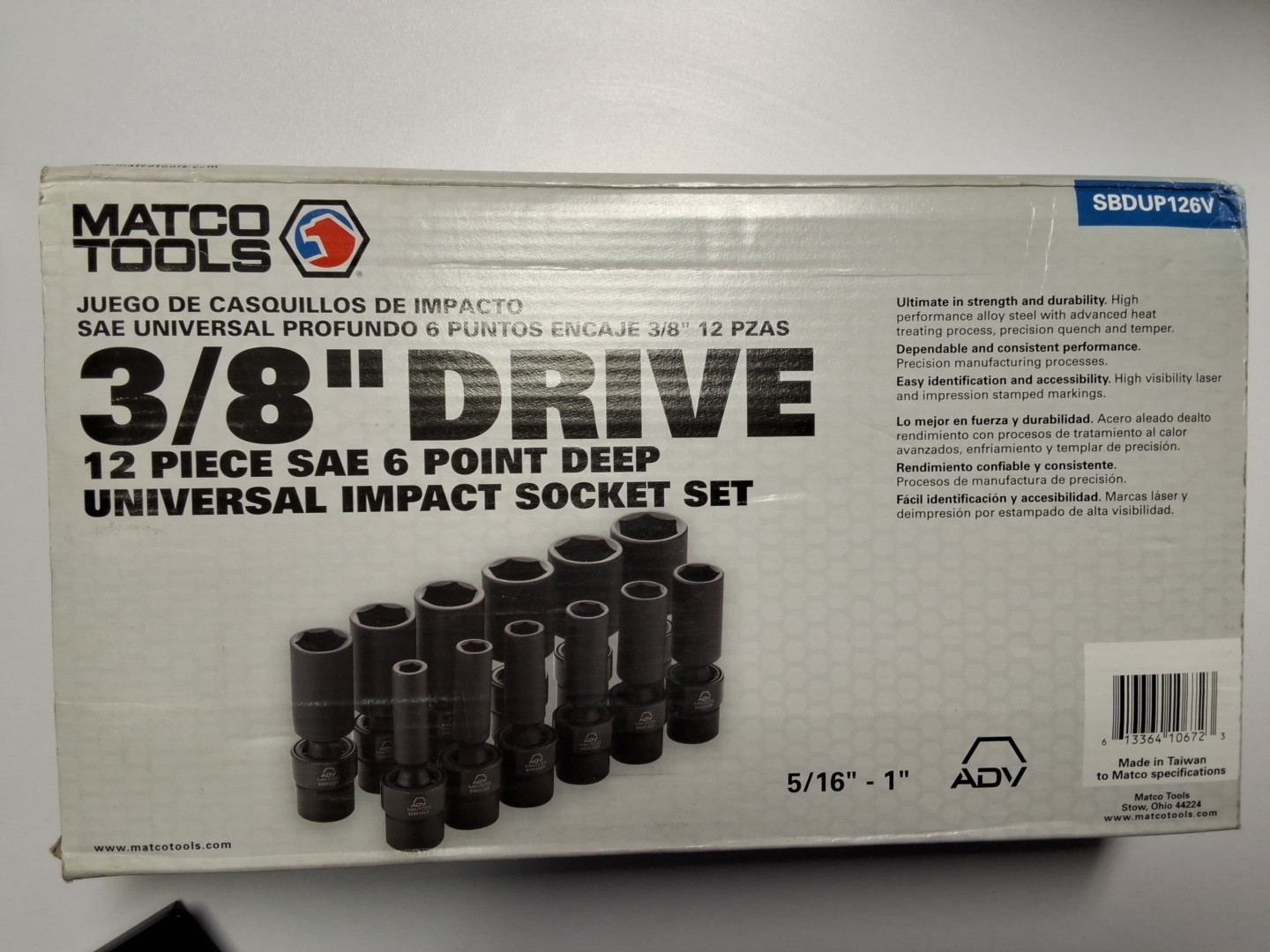 Matco SBDUP126V 12PC 3/8DR SAE 6PT UNIVERSAL DEEP IMPACT SET