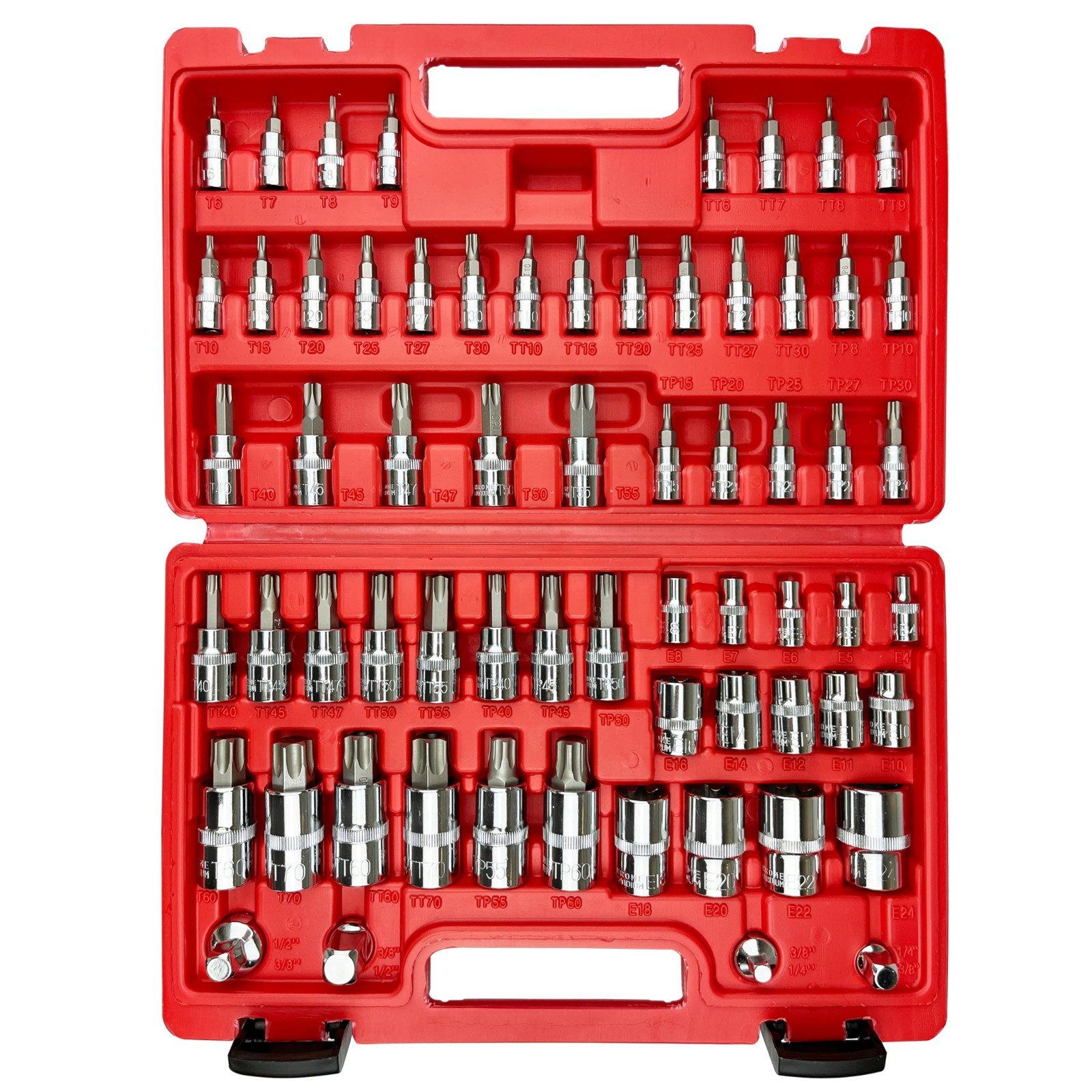 64PCS Torx Bit Socket Set – 1/4, 3/8 & 1/2″ External Torx Sockets E4-E24, T6-T70