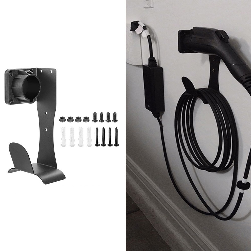 Black Wall Mount Stainless Steel Bracket for J1772 EV Charging Cable Holder