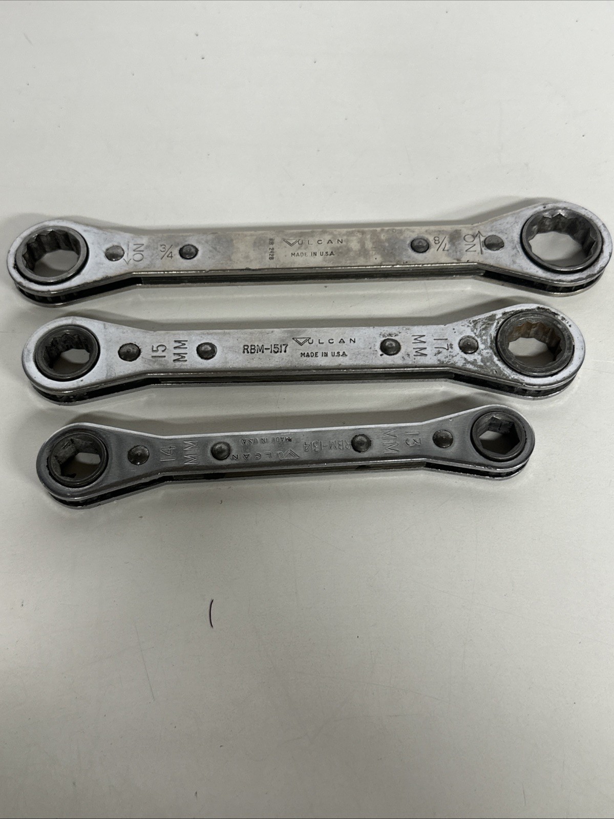 NOS Vintage Vulcan RBO-2226DH 12 Point Ratcheting Wrench Metric SAE 3 Piece Set