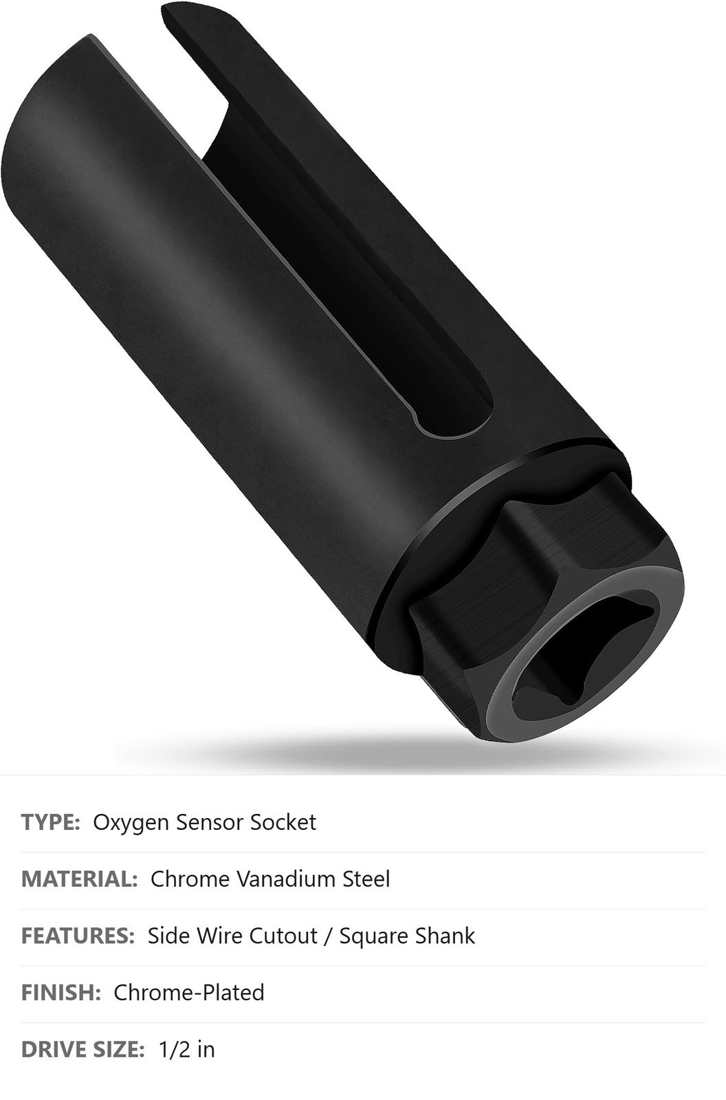 Oxygen Sensor Socket, 22mm 7/8 in, 1/2 in Drive, Chrome-Plated, Wire Cutout