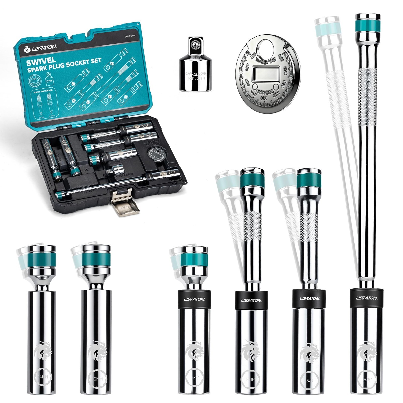8PCS Magnetic Spark Plug Socket Set 3/8″ Dr. with Gapper & Extension Bar, Swivel