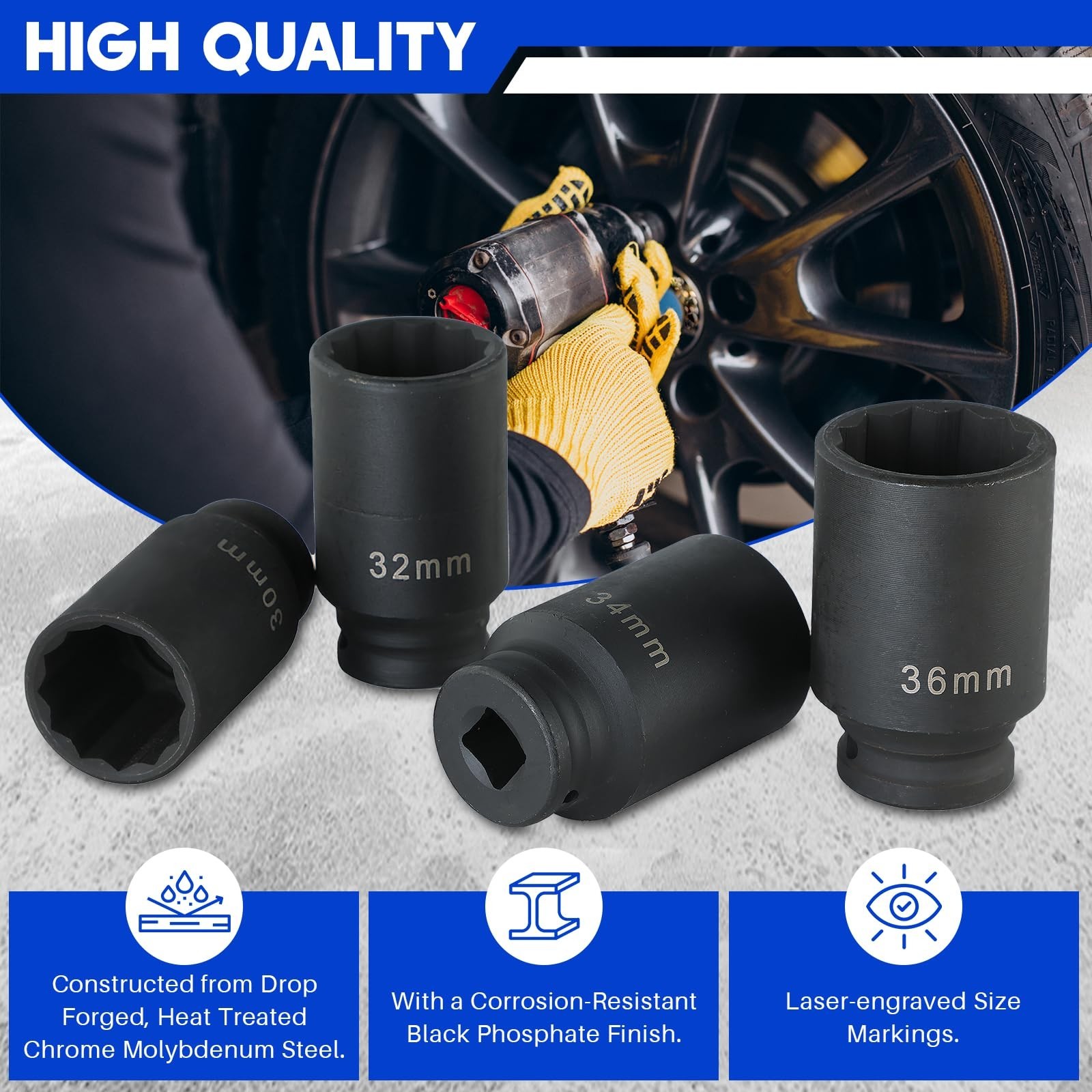 Heavy Duty 1/2″ Drive Deep Impact Socket Set 4PCS – Metric 30mm, 32mm, 34mm, 36m